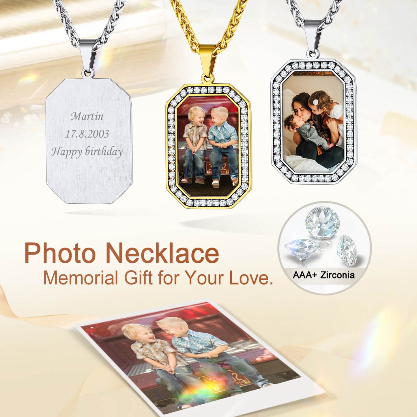 Collier Pendentif Photo Personnalisé avec Zircon Cubique pour Homme Cadeau