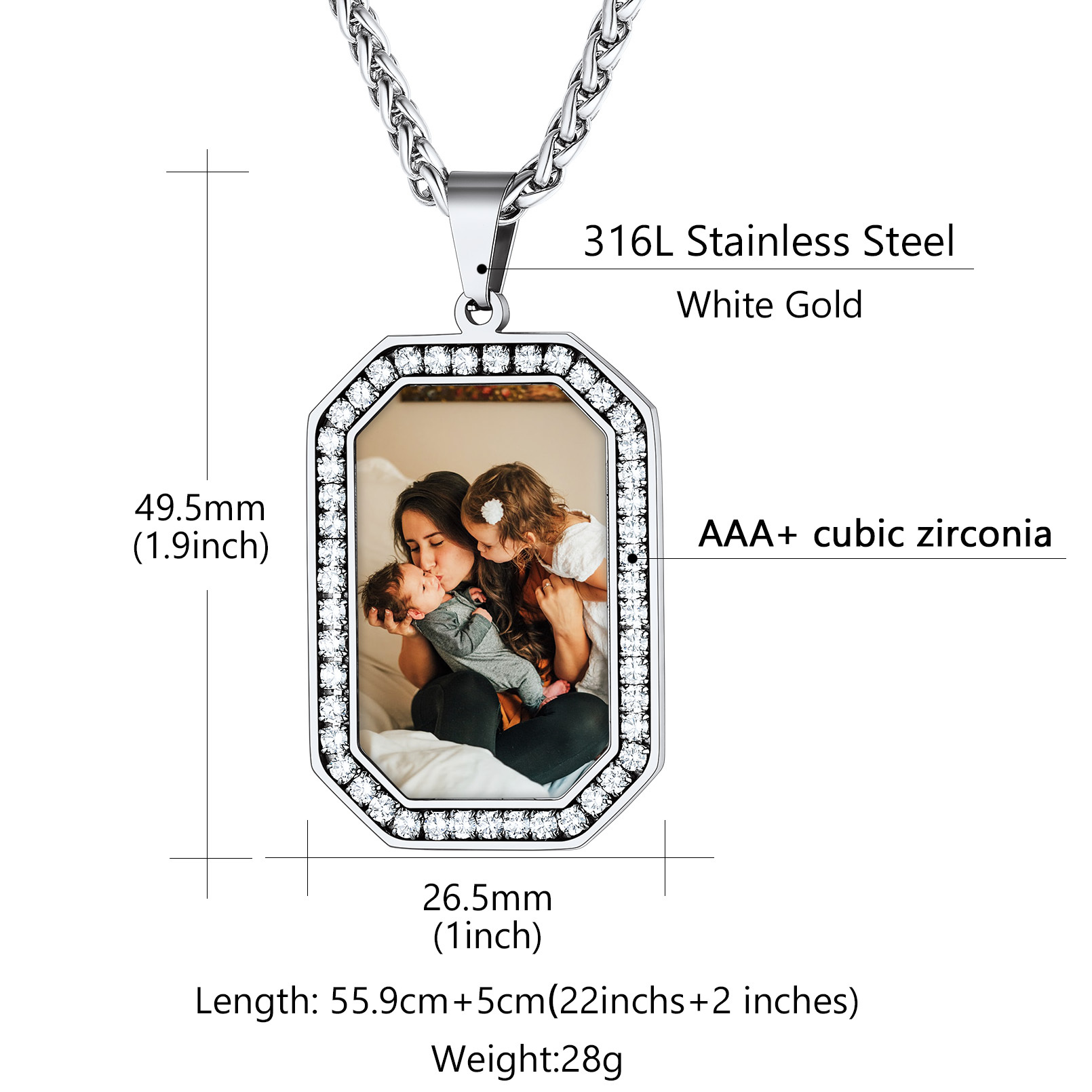 Collier Pendentif Photo Personnalisé avec Zircon Cubique pour Homme Taille