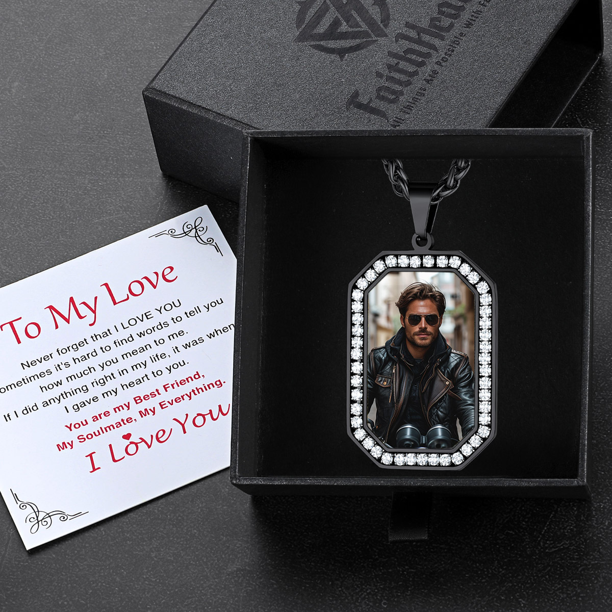 Collier Pendentif Photo Personnalisé avec Zircon Cubique pour Homme Boîte
