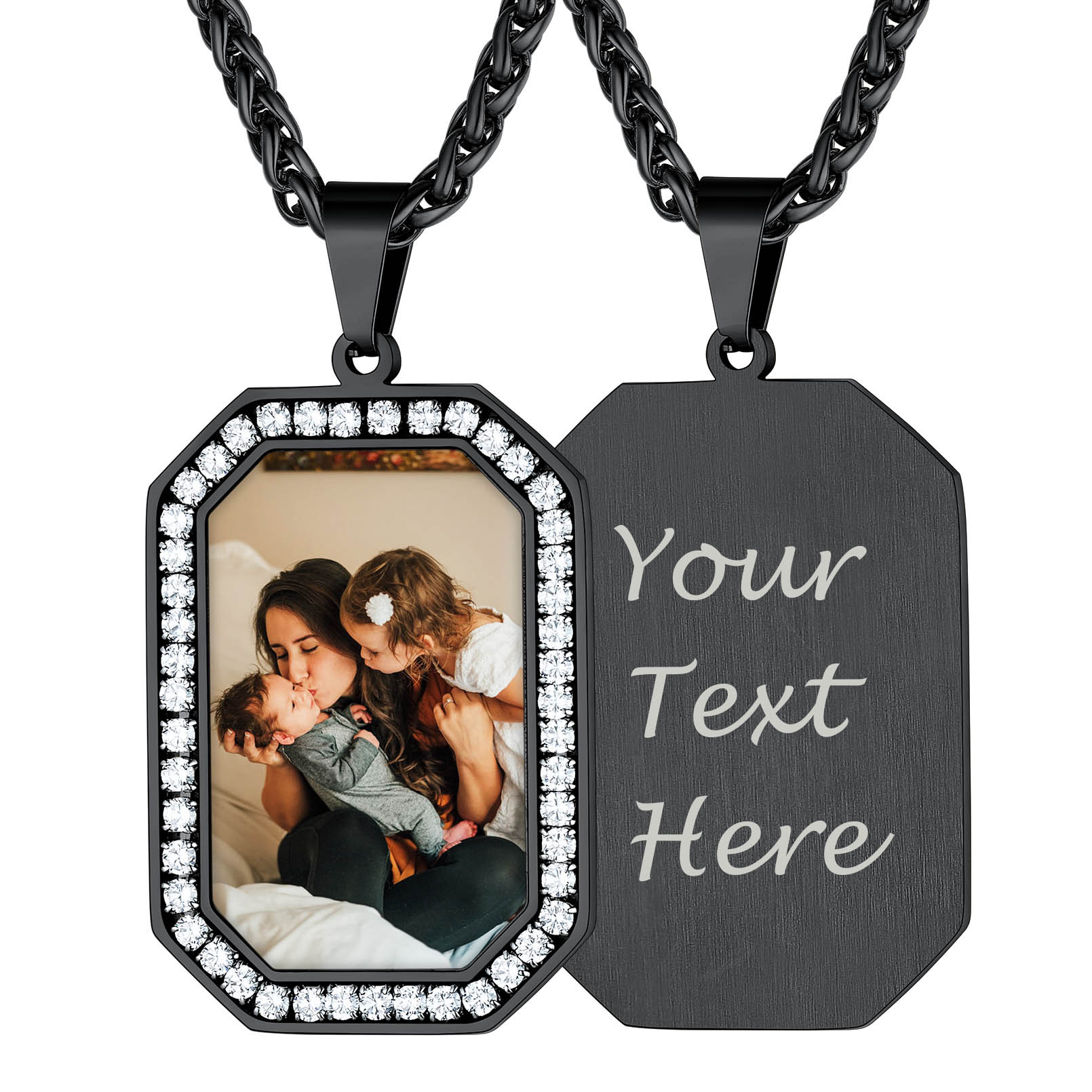 Collier Pendentif Photo Personnalisé avec Zircon Cubique pour Homme Noir