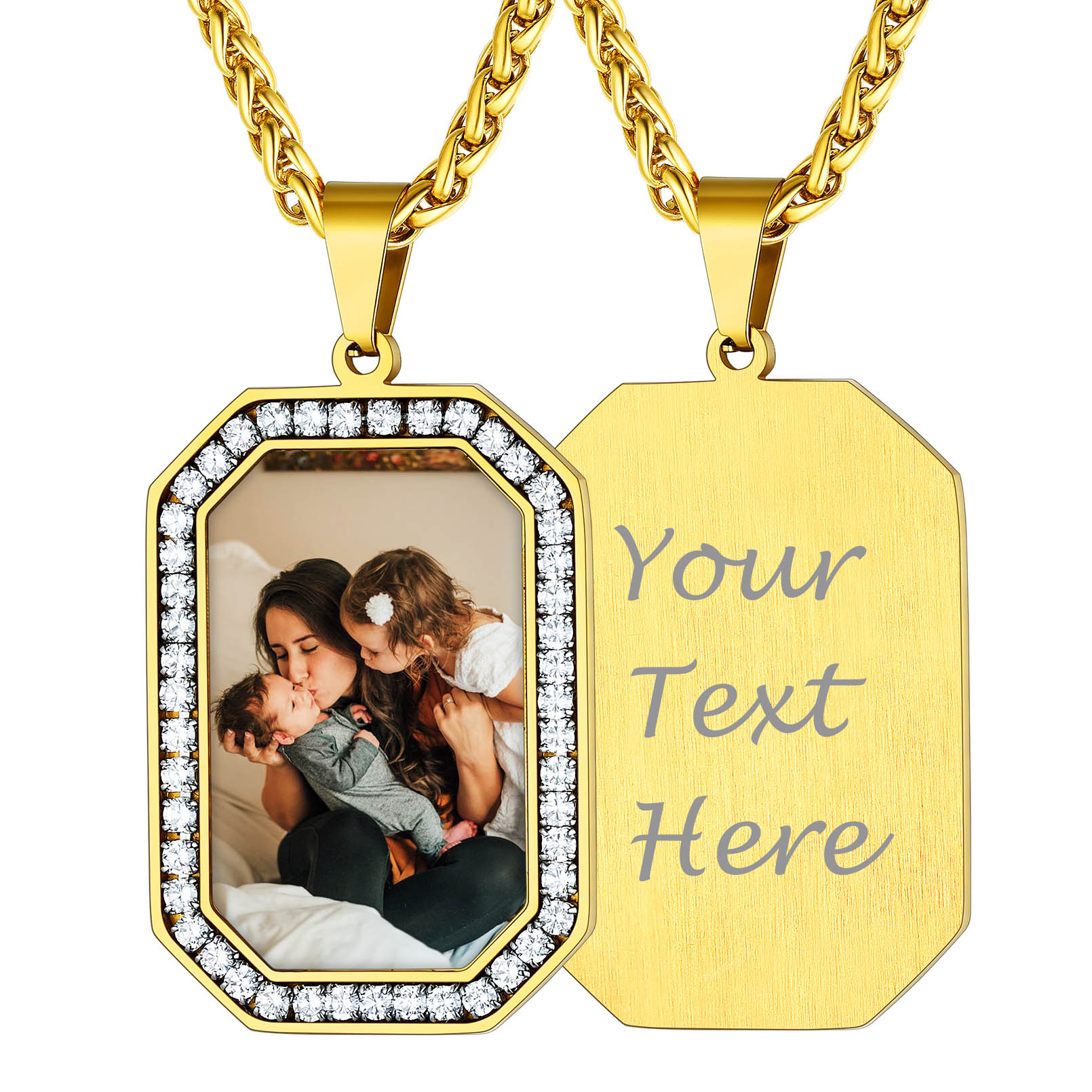 Collier Pendentif Photo Personnalisé avec Zircon Cubique pour Homme Or