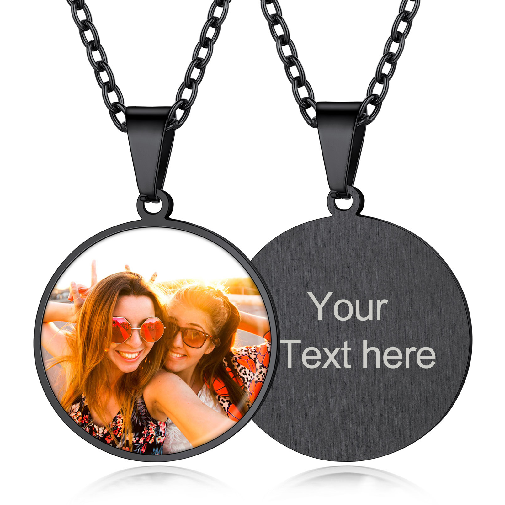 Collier Rond Personnalisé avec Photo Gravée pour Femme et Homme Noir