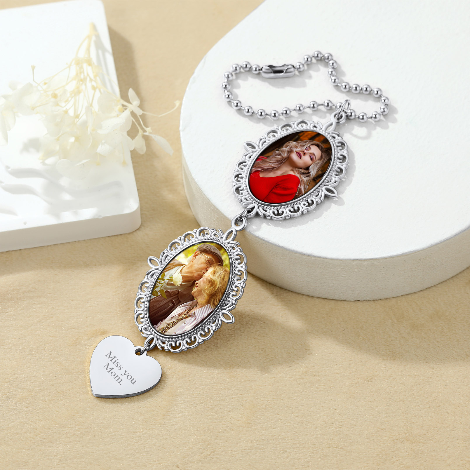 Pendentif Miroir de Voiture Décoration 2 Charm savec Photo Argenté