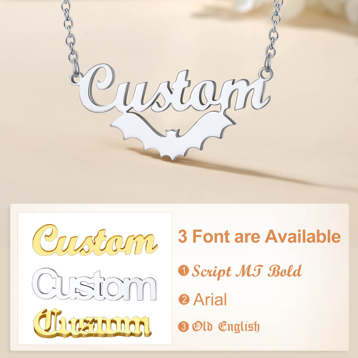 Collier gothique personnalisé Halloween avec pendentif chauve-souris Police