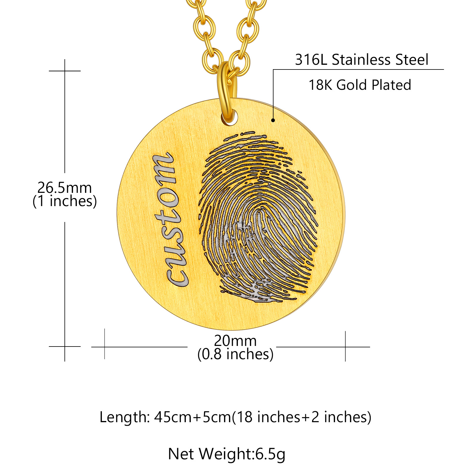 Collier Personnalisé Empreinte en Acier  Inoxydable Taille Rond