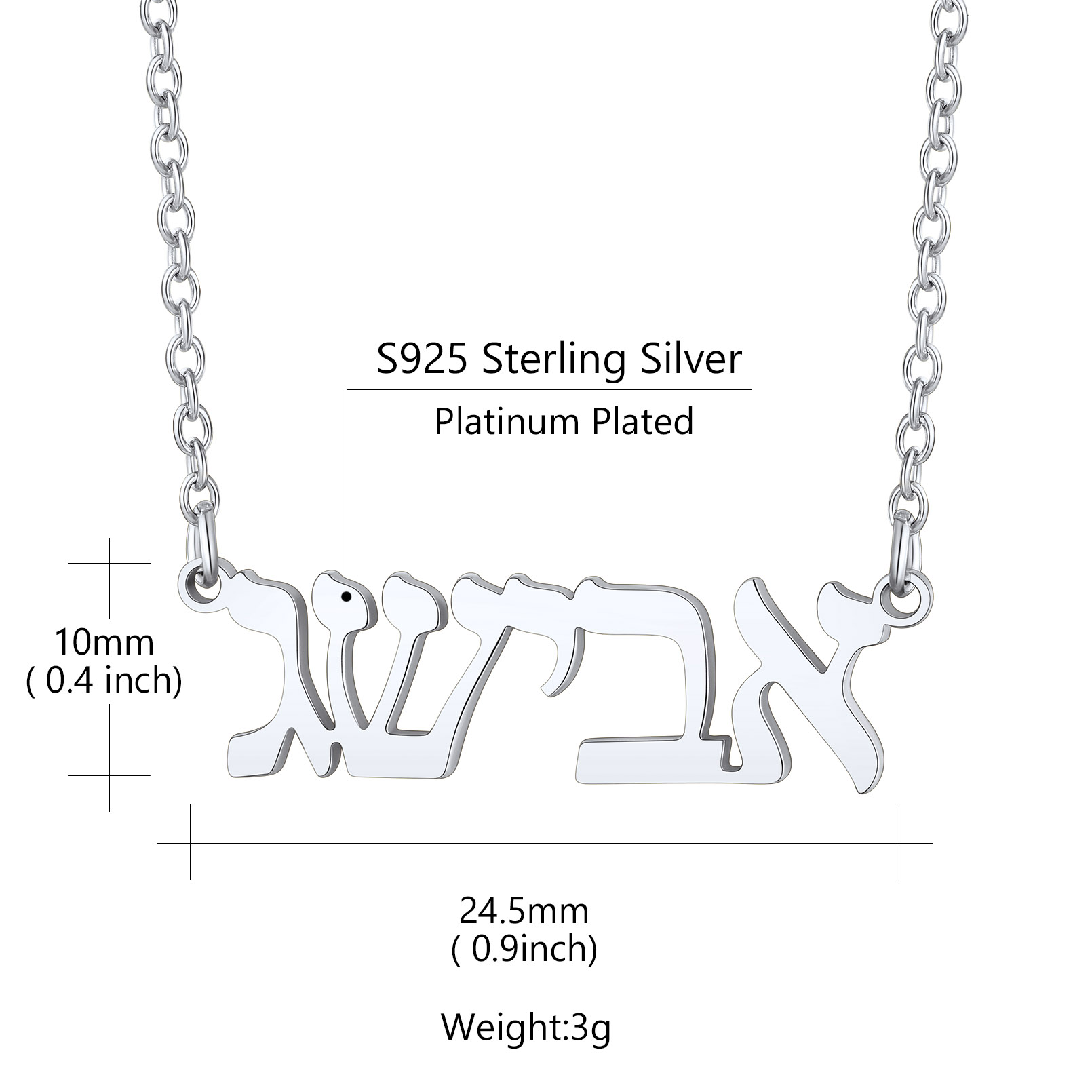  Collier Personnalisé Nom Hébreu en Argent Sterling 925 Taille