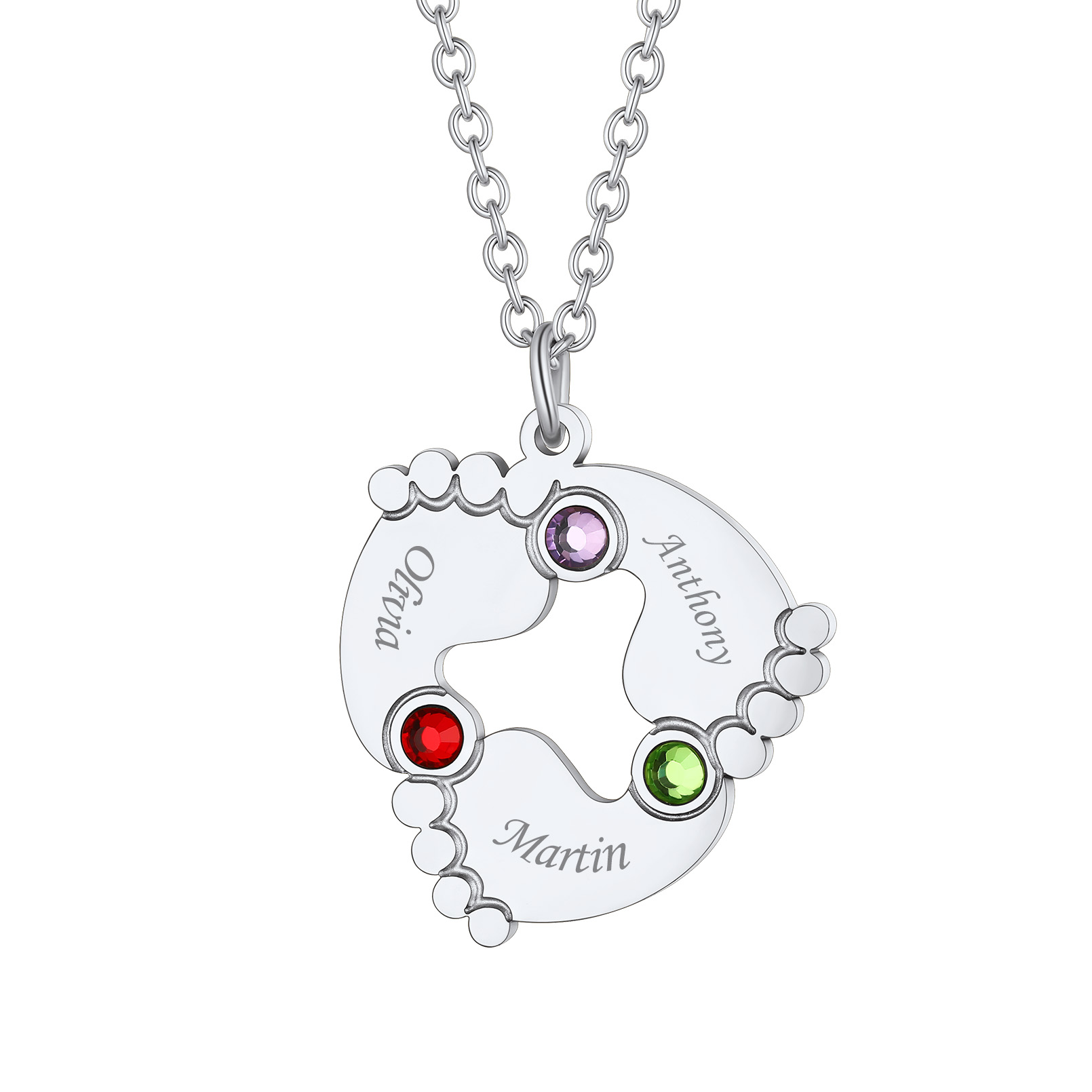 Collier Personnalisé Pieds de Bébé avec 3 Pierres de naissance