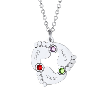 Collier Personnalisé Pieds de Bébé avec 3 Pierres de naissance