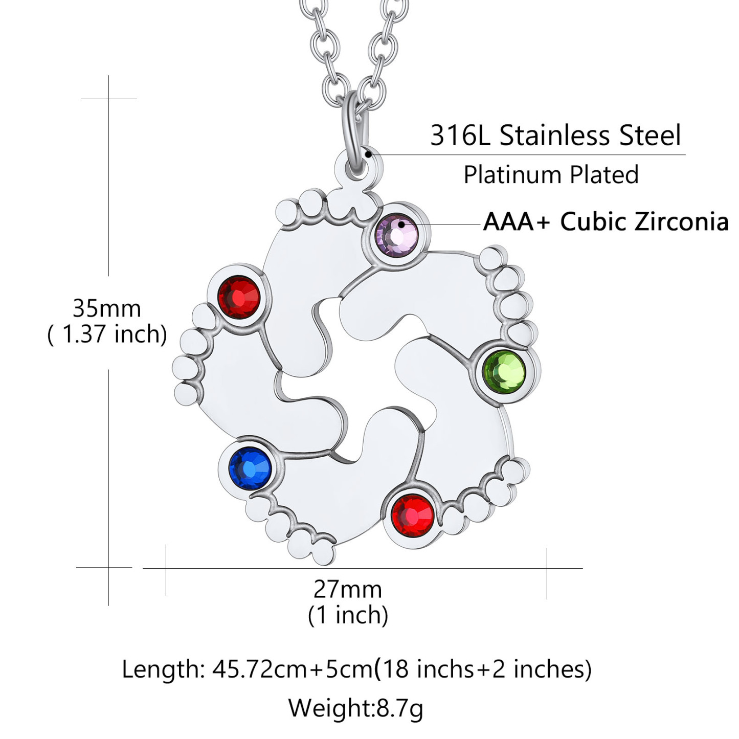 Collier Personnalisé Pieds de Bébé avec 5 Pierres de naissance Taille