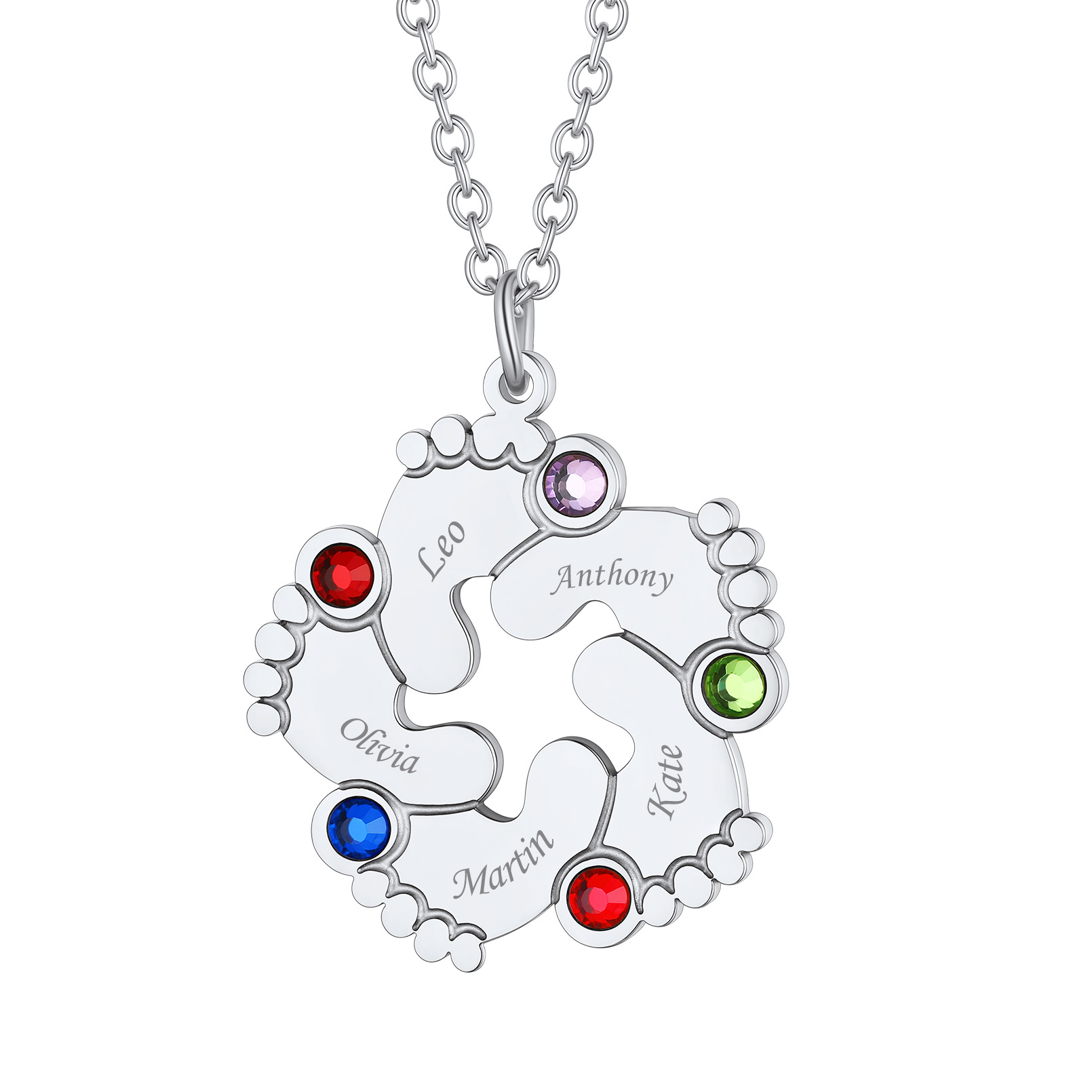 Collier Personnalisé Pieds de Bébé avec 5 Pierres de naissance
