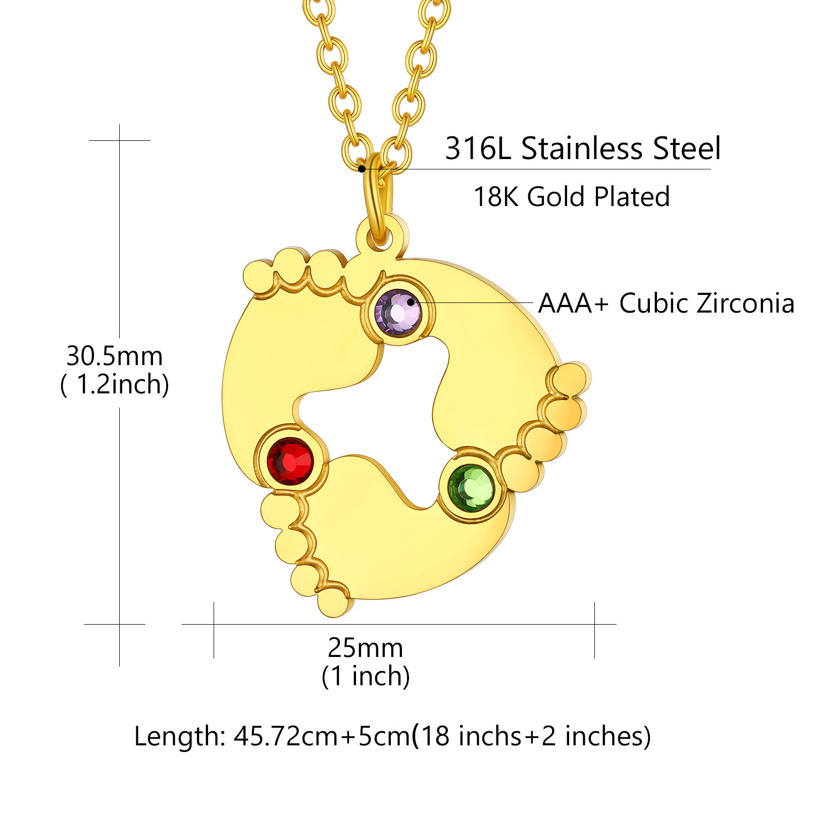 Collier Personnalisé Pieds de Bébé avec 3 Pierres de naissance Taille