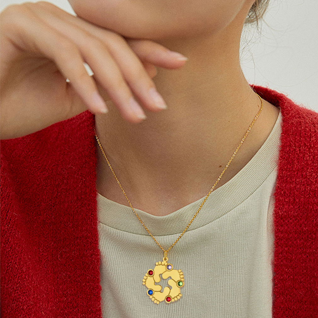 Collier Personnalisé Pieds de Bébé avec Pierres de naissance pour Maman