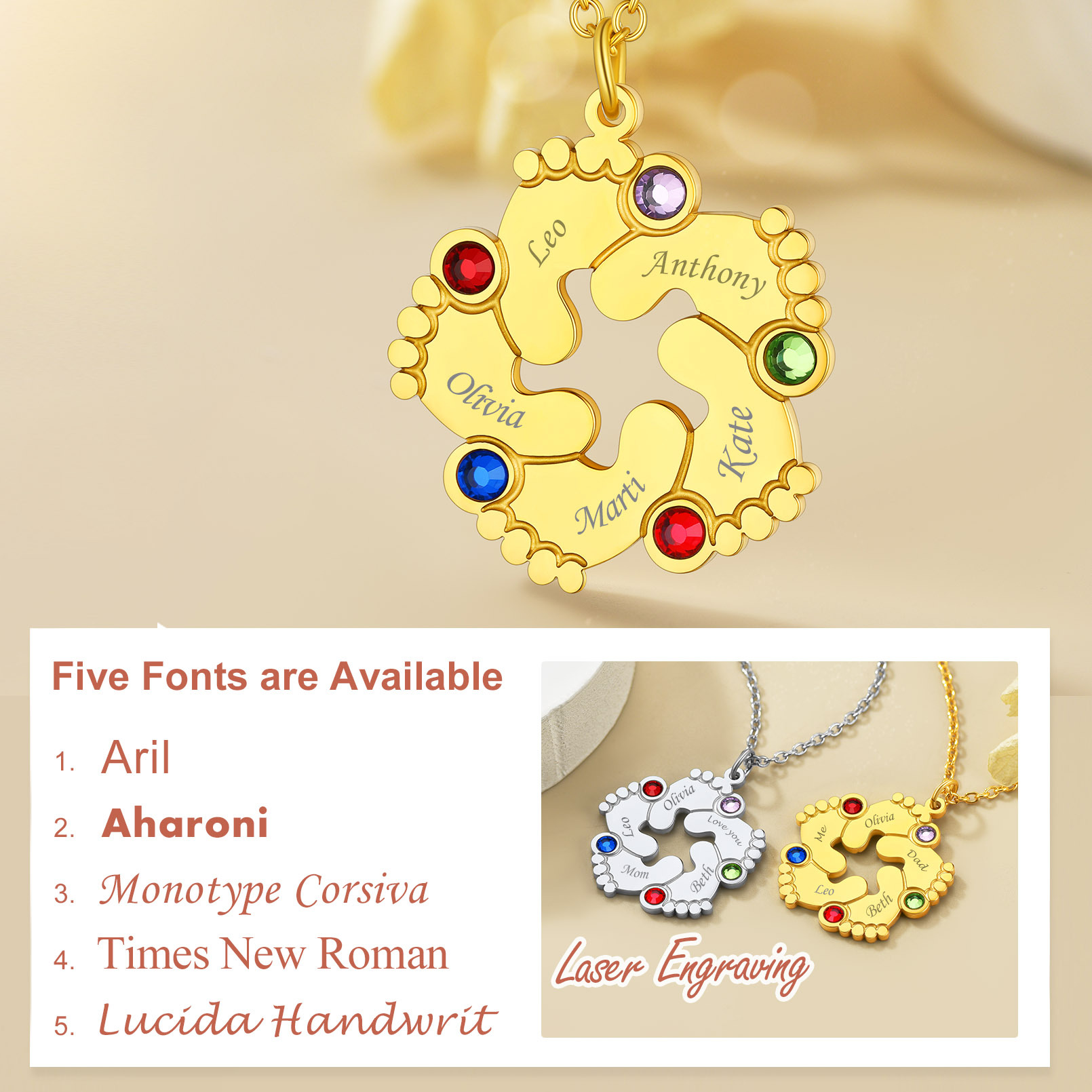 Collier Personnalisé Pieds de Bébé avec Pierres de naissance Police