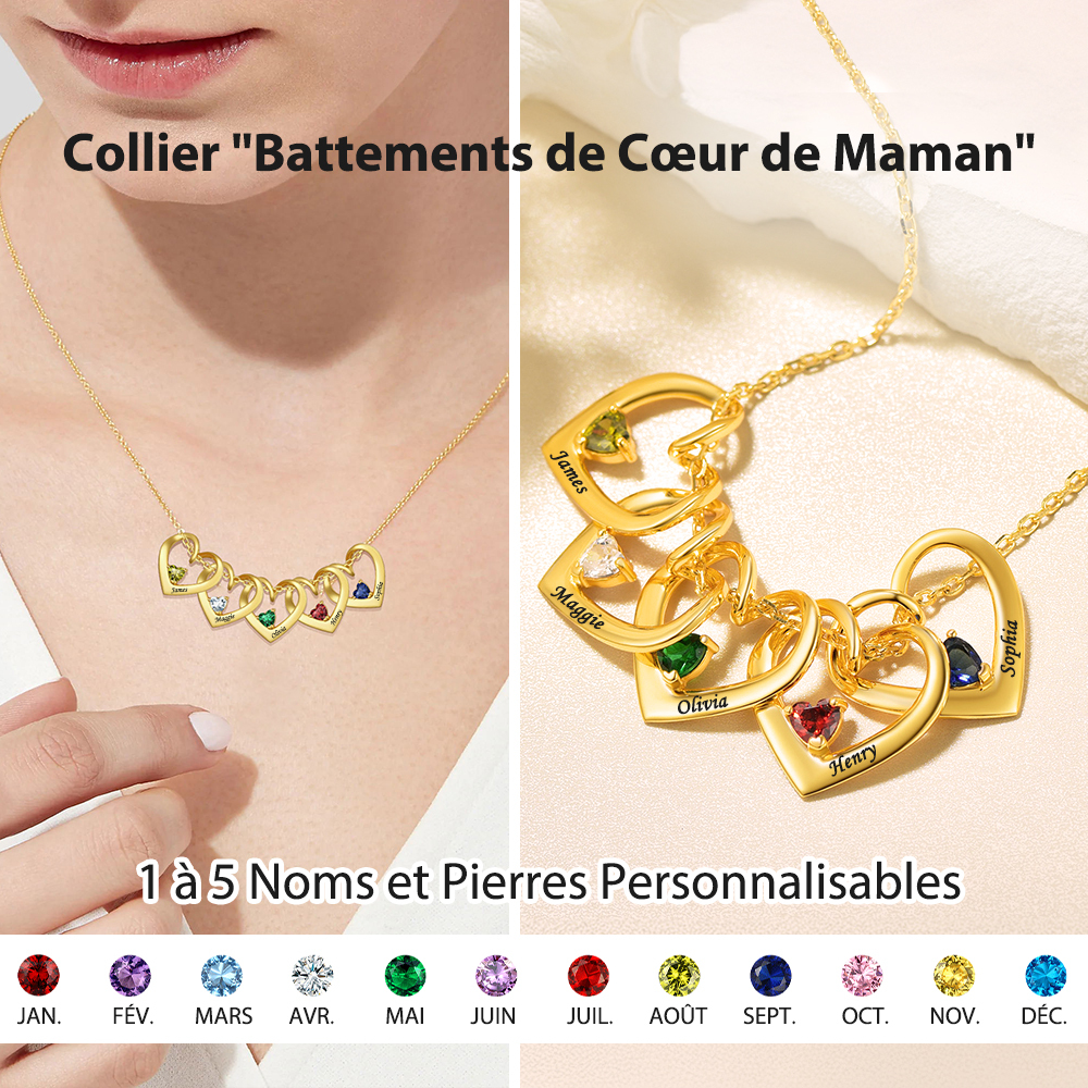 Collier Personnalisé avec Prénoms et Pierres de Naissance (1-5 Cœurs)