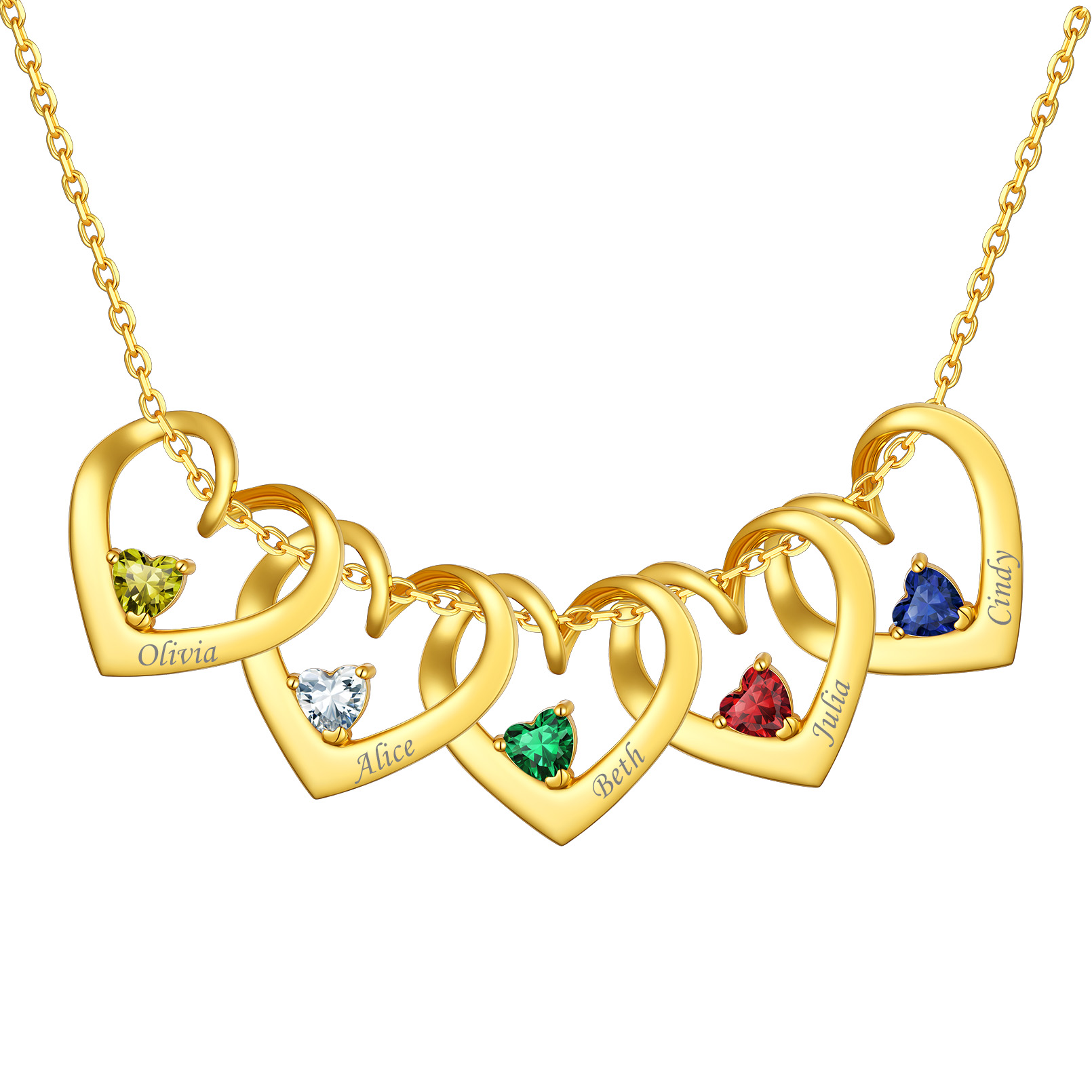 Collier Personnalisé avec Prénoms et Pierres de Naissance Or 5 Coeurs