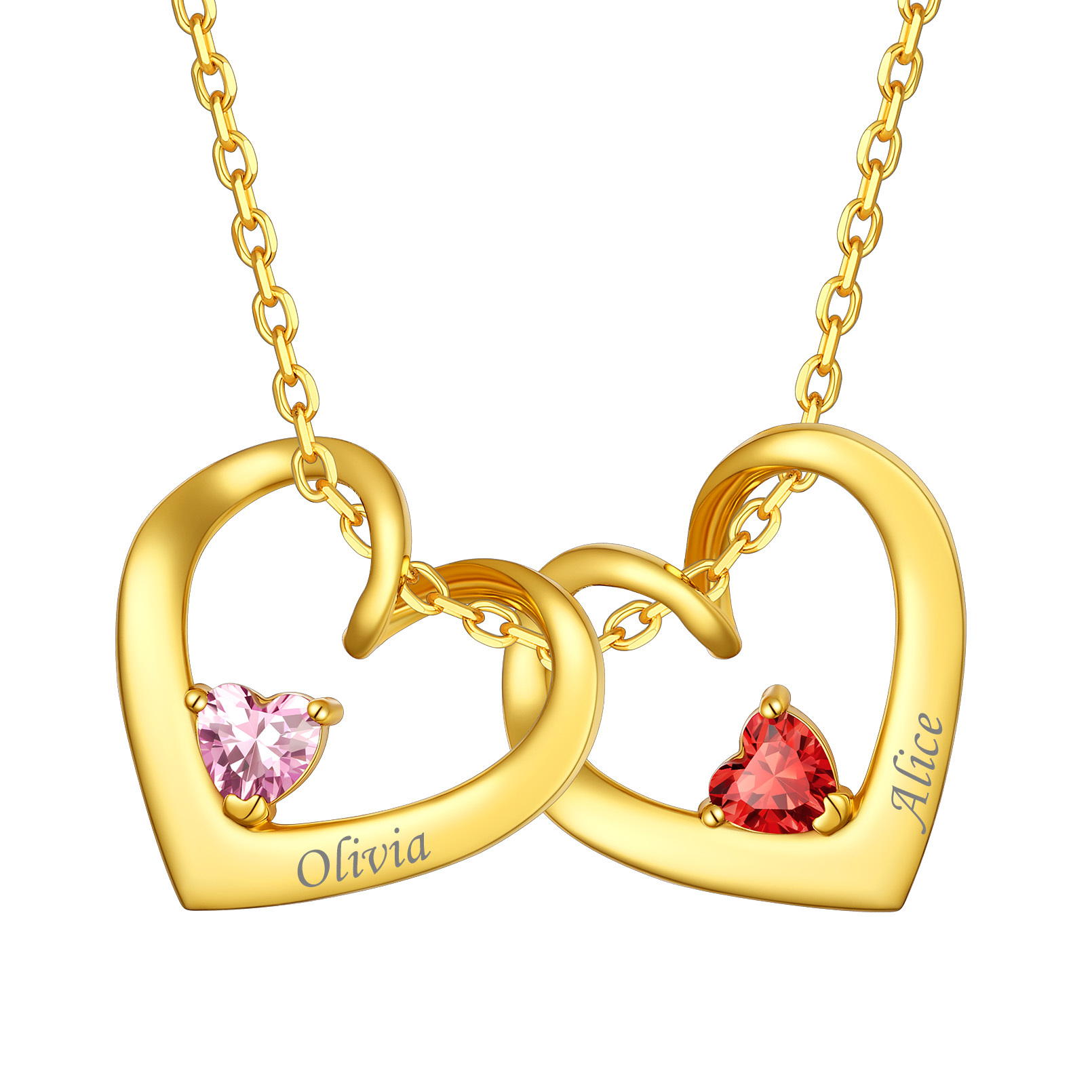 Collier Personnalisé avec Prénoms et Pierres de Naissance Or 2 Coeurs