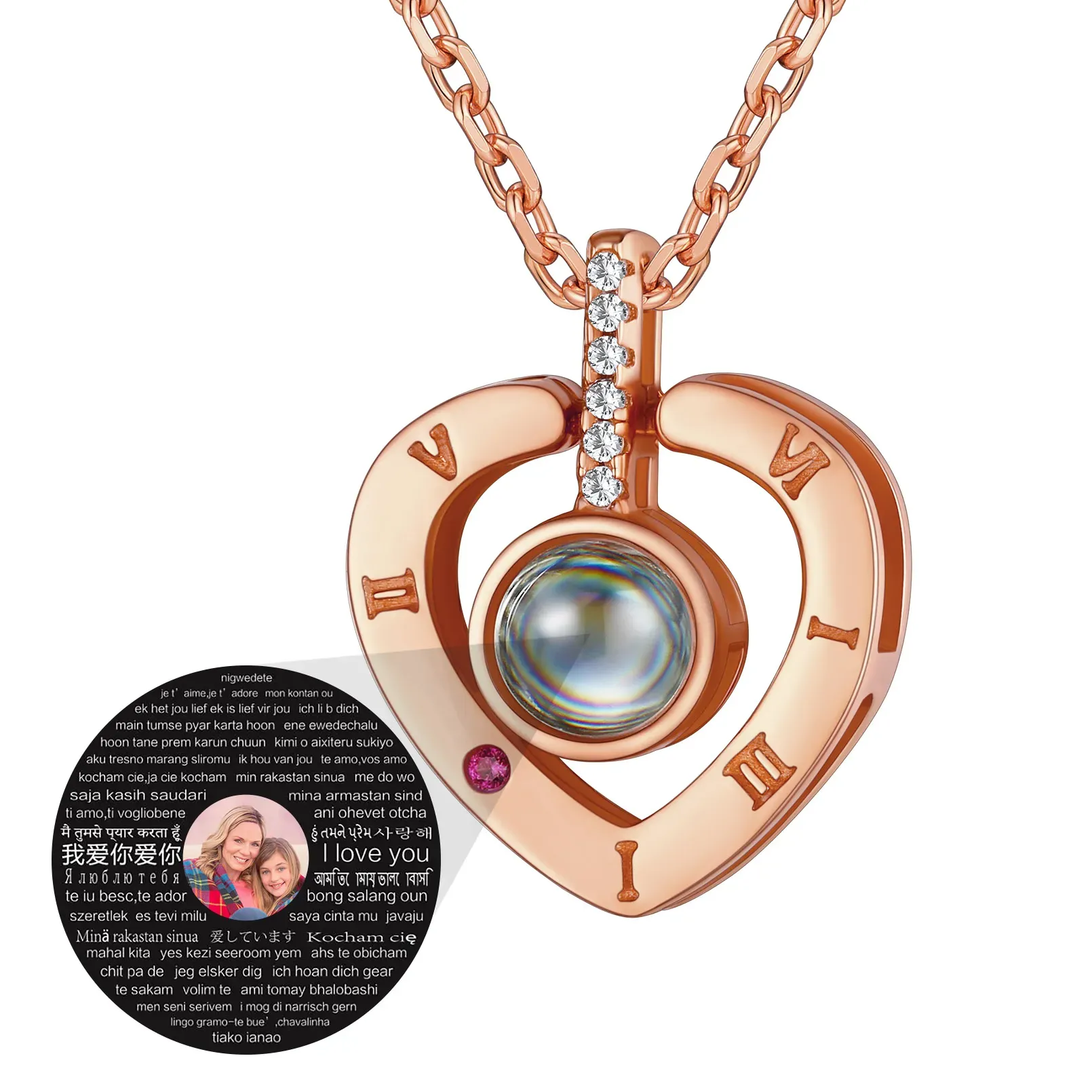 Collier Pendentif Cœur avec Projection Photo Personnalisée Or Rose