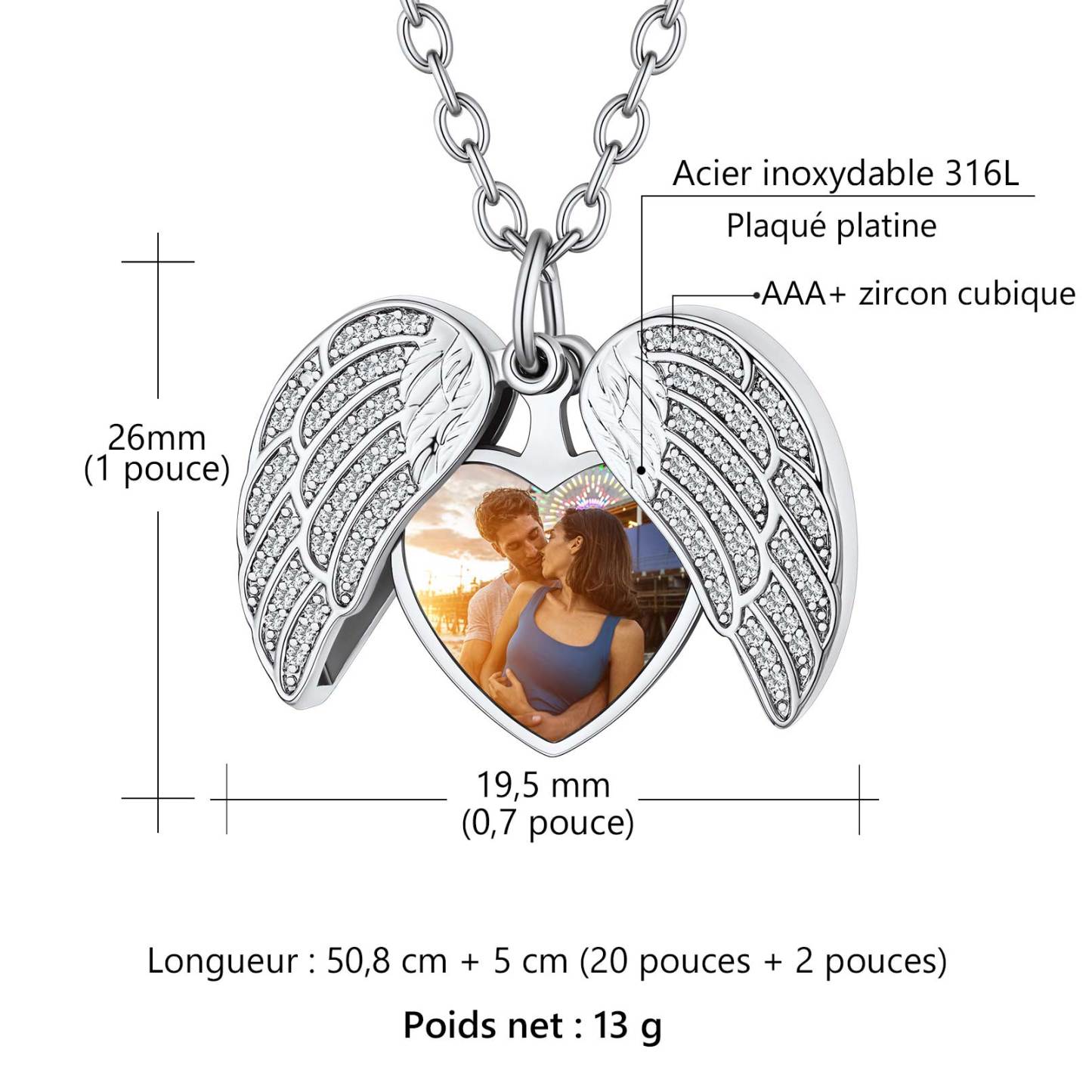 Collier Médaillon Cœur Ailes d'Ange Personnalisé avec Photo Taille