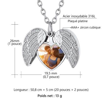 Collier Médaillon Cœur Ailes d'Ange Personnalisé avec Photo Taille