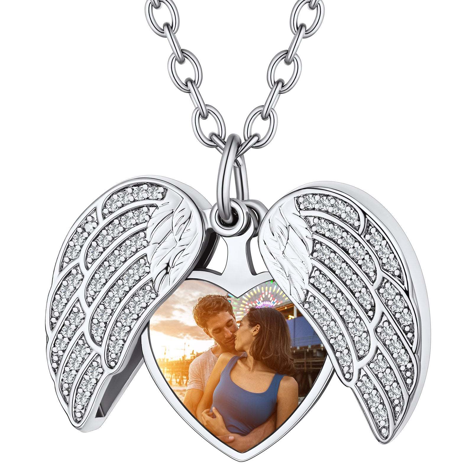 Collier Médaillon Cœur Ailes d'Ange Personnalisé avec Photo pour Femme Argenté