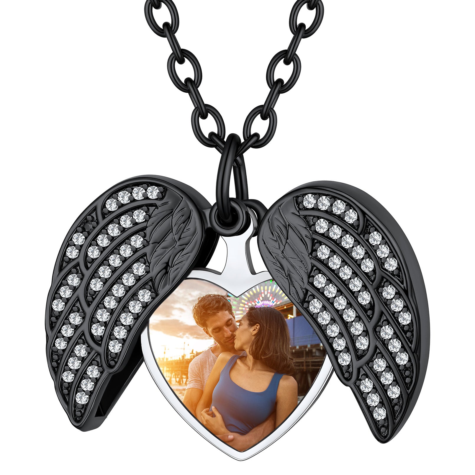 Collier Médaillon Cœur Ailes d'Ange Personnalisé avec Photo pour Femme Noir
