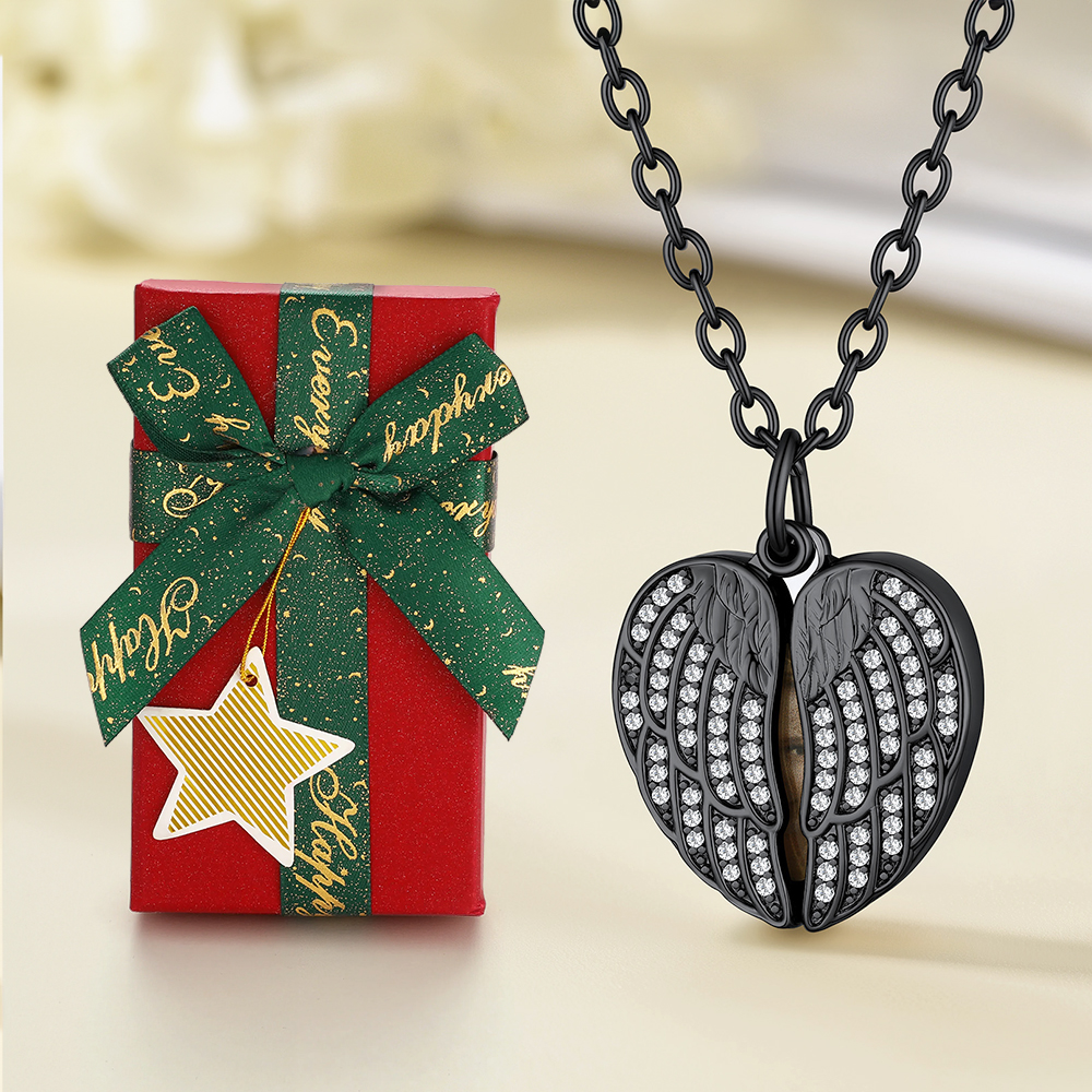 Collier Médaillon Cœur Ailes d'Ange Personnalisé avec Photo pour Femme