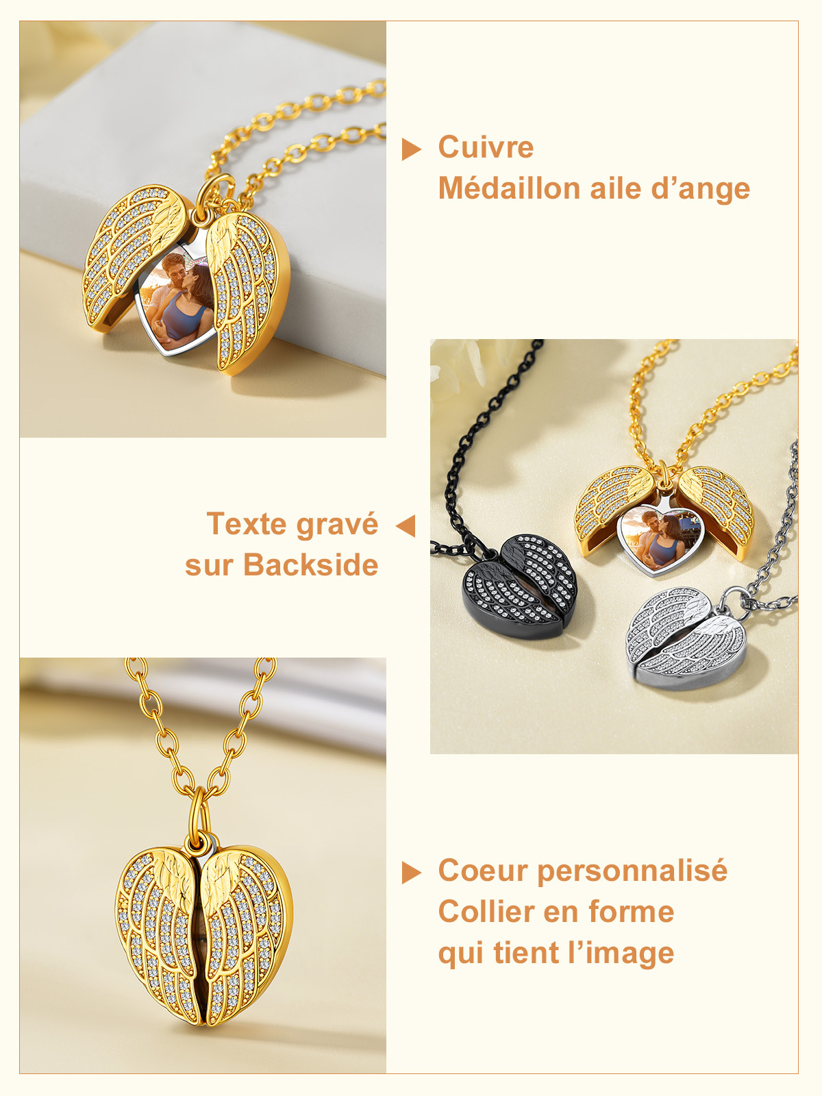 Collier Médaillon Cœur Ailes d'Ange Personnalisé avec Photo pour Femme Detail
