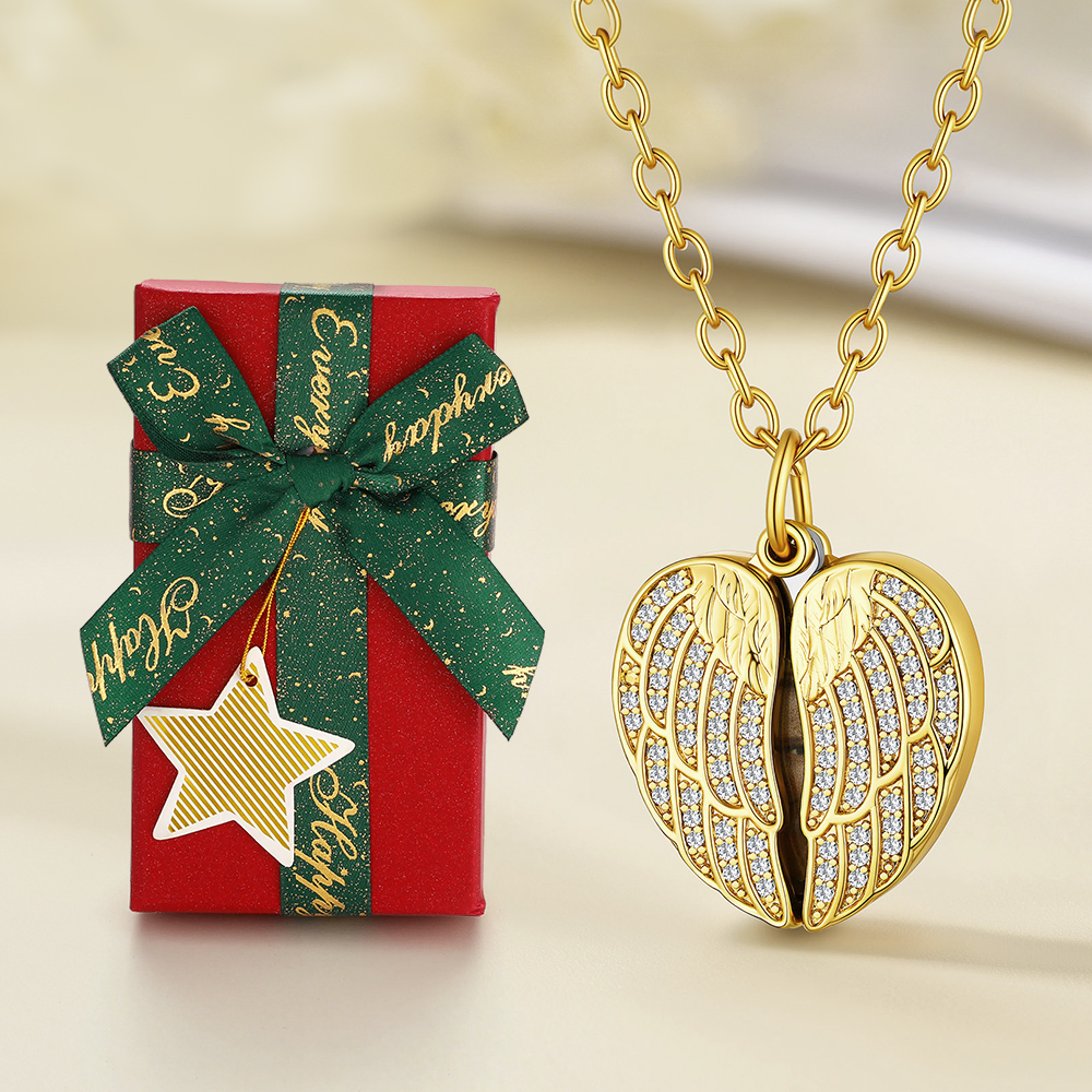 Collier Médaillon Cœur Ailes d'Ange Personnalisé avec Photo pour Femme