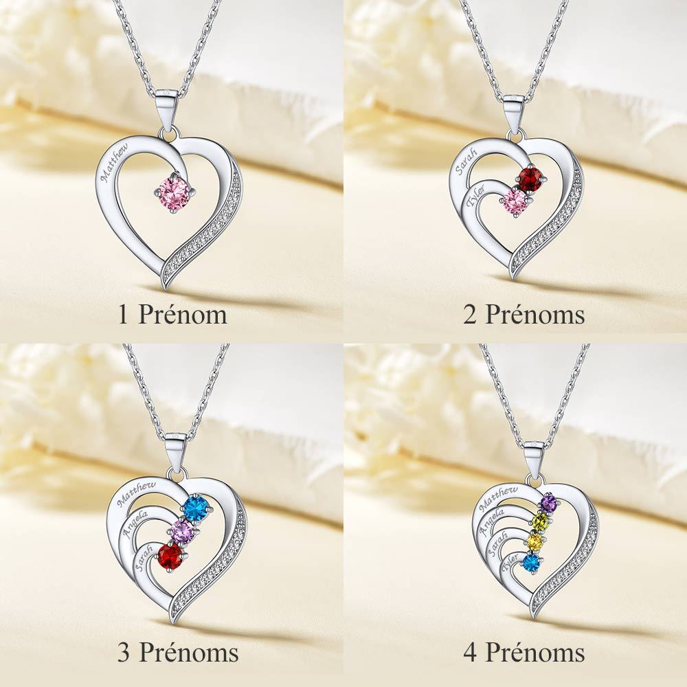 Collier Cœur avec Pierres de Naissance et Noms Personnalisés pour Maman