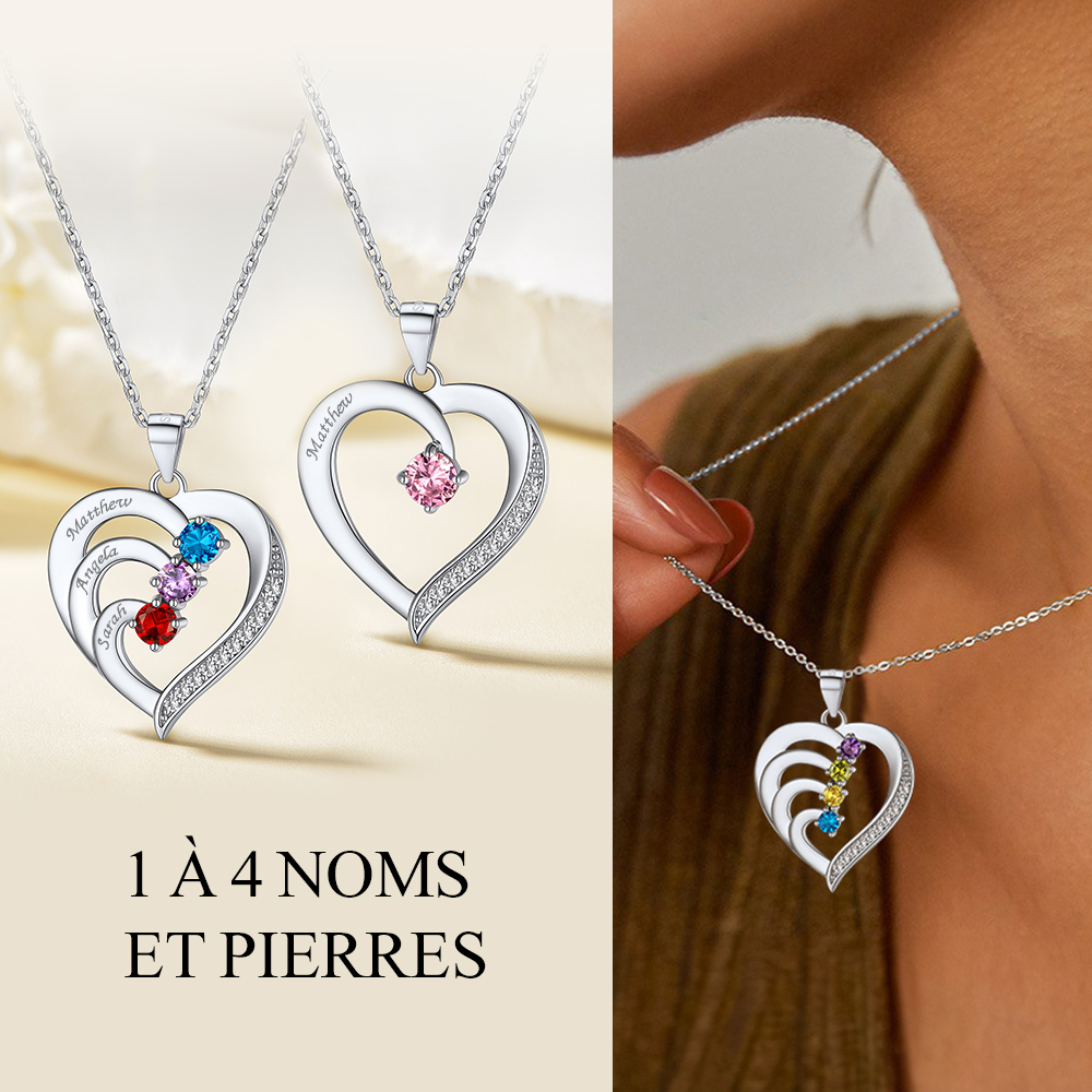 Collier Cœur avec Pierres de Naissance et Noms Personnalisés pour Maman