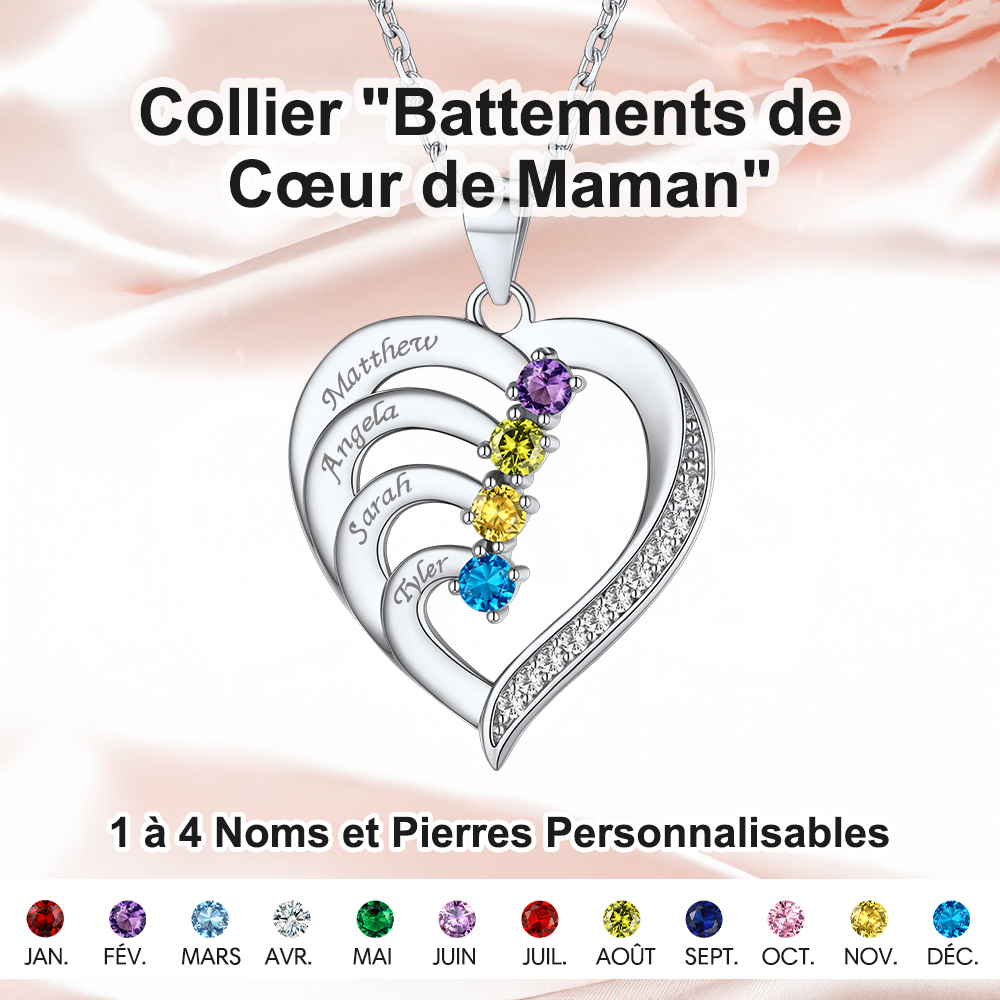 Collier Cœur avec Pierres de Naissance et Noms Personnalisés pour Maman
