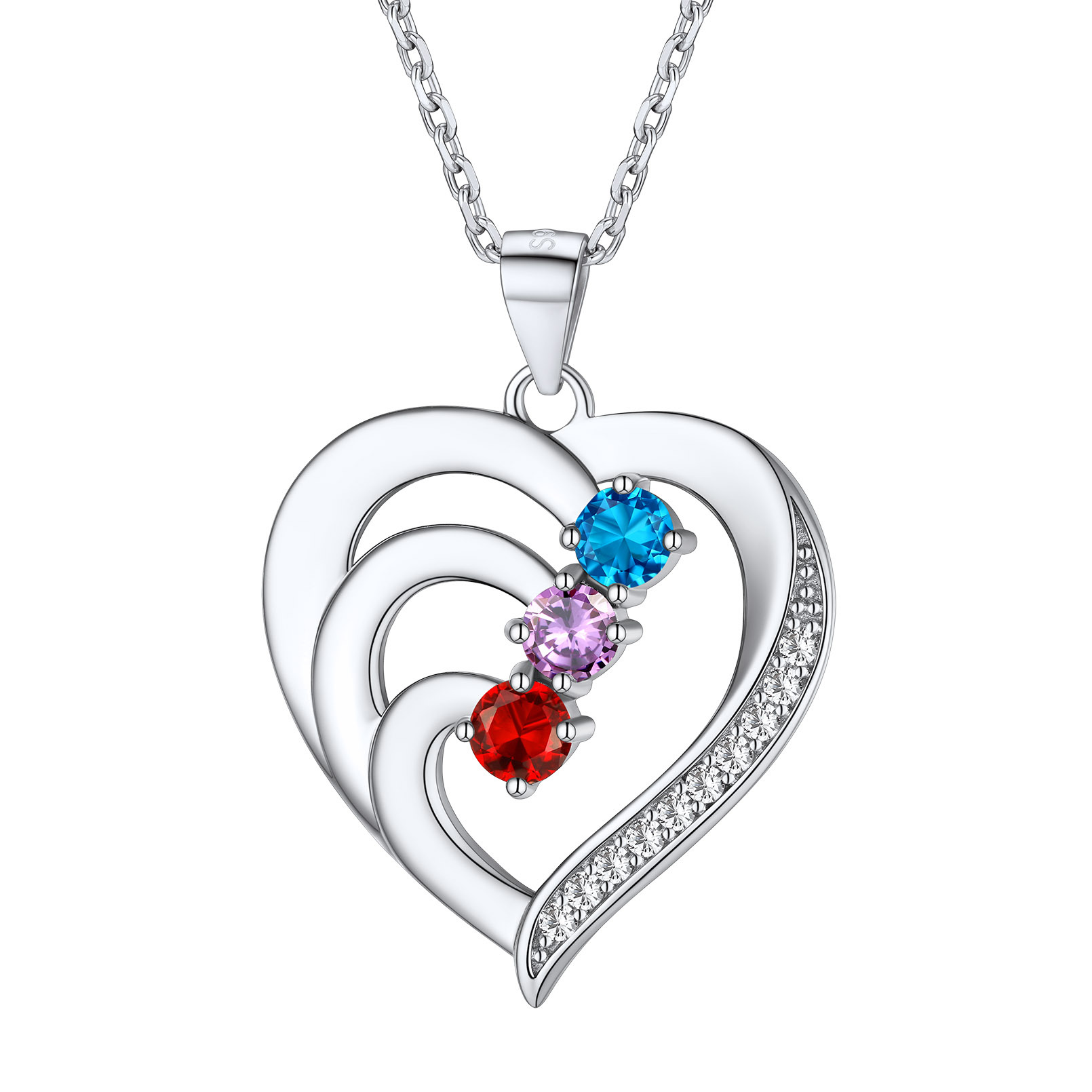 Collier Cœur avec 3 Pierres de Naissance et Noms Personnalisés