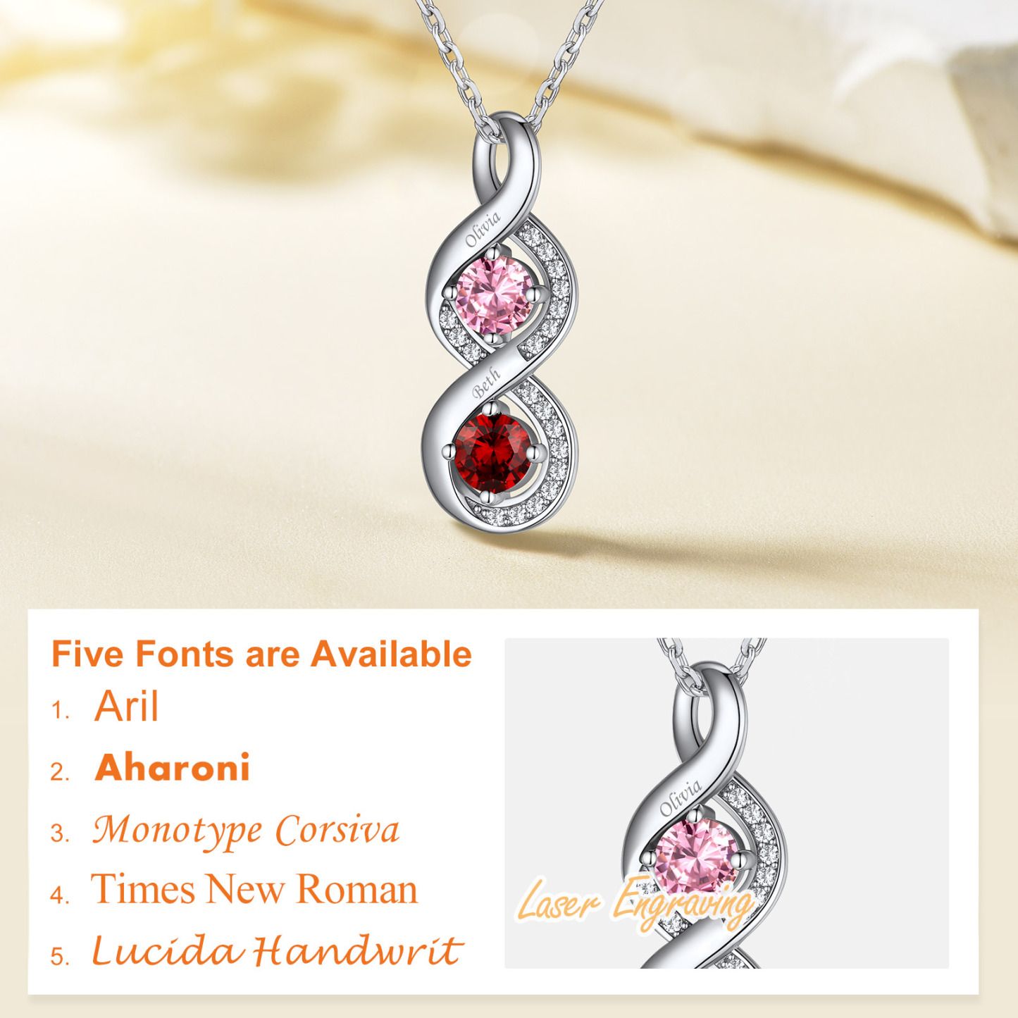 Collier Infini Personnalisé avec Gravure et 1 à 4 Pierres de Naissance Police