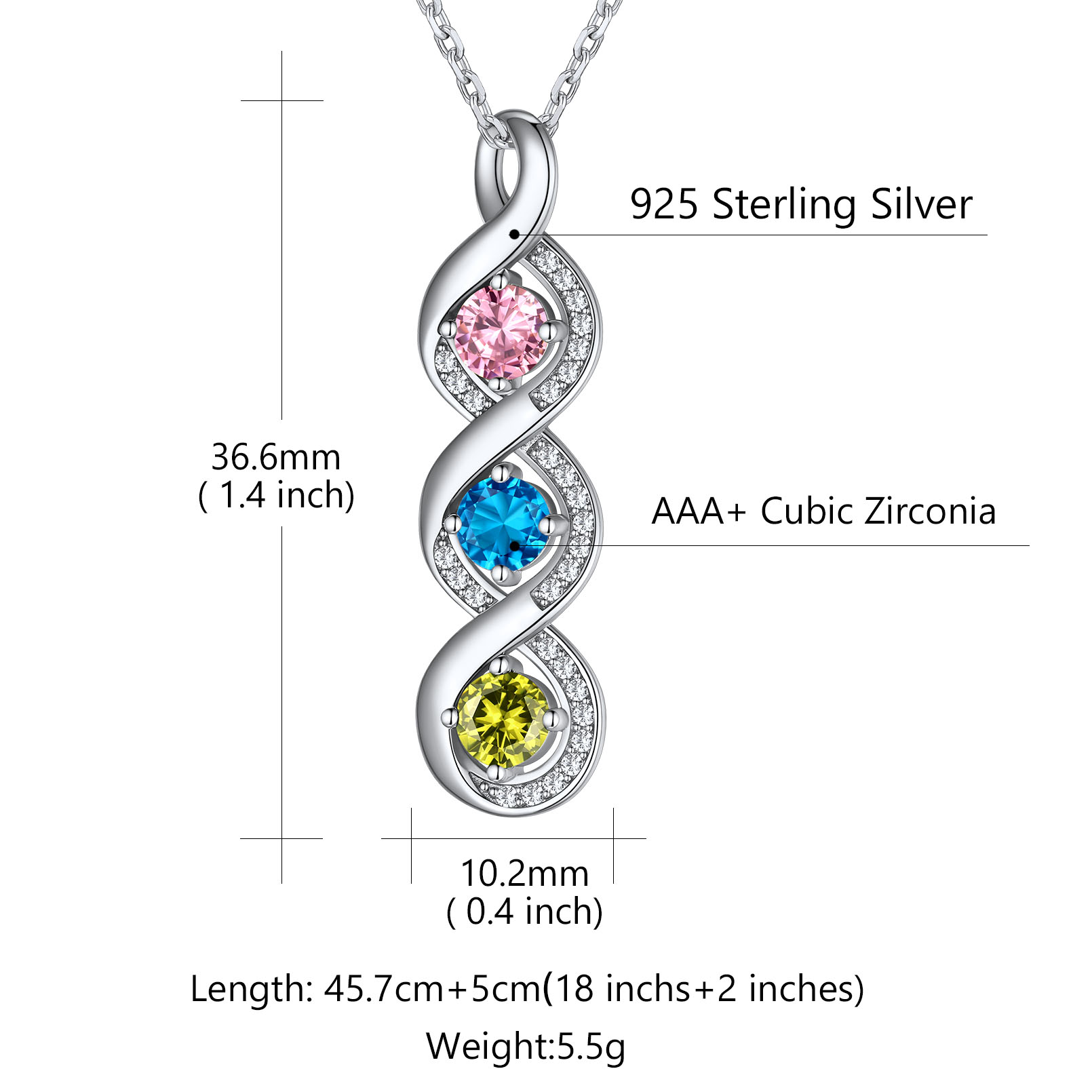 Collier Infini Personnalisé avec Gravure et 3 Pierres de Naissance Taille