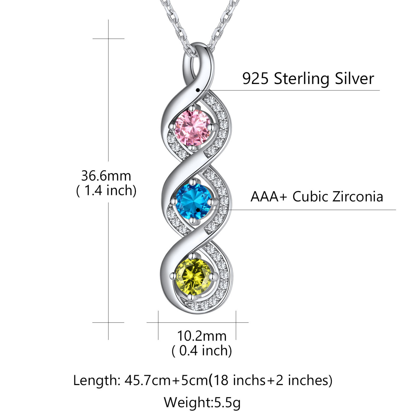 Collier Infini Personnalisé avec Gravure et 3 Pierres de Naissance Taille