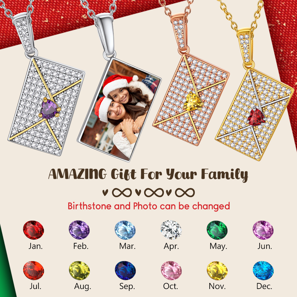 Collier Enveloppe Photo Personnalisé avec Pierre de Naissance Cadeau