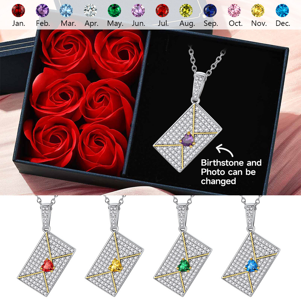 Collier Enveloppe Photo Personnalisé avec Pierre de Naissance pour Femme Collection