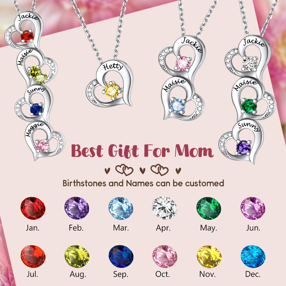 Collier Cœur Personnalisé avec 1-5 Pierres de Naissance pour fête des mère