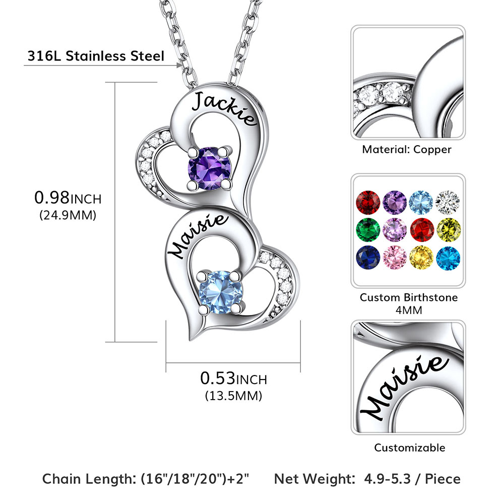 Collier Cœur Personnalisé avec 2 Pierres de Naissance pour Maman