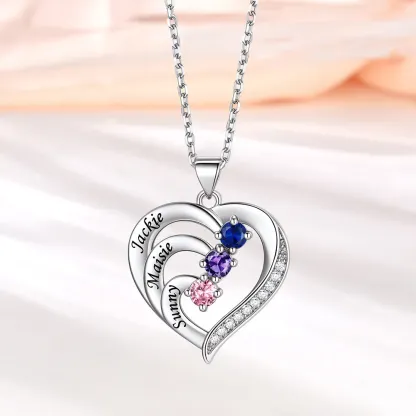Collier Cœur avec 3 Pierres de Naissance et Noms Personnalisés
