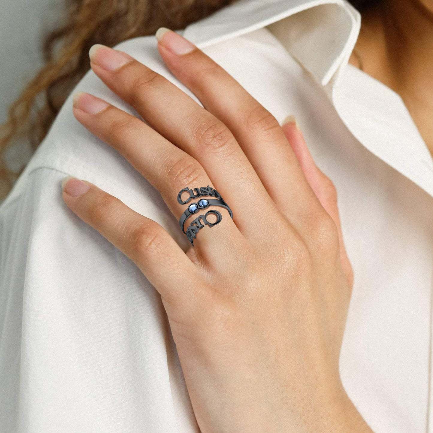 Bague Double Nom avec Pierre de Naissance Modèle Noir