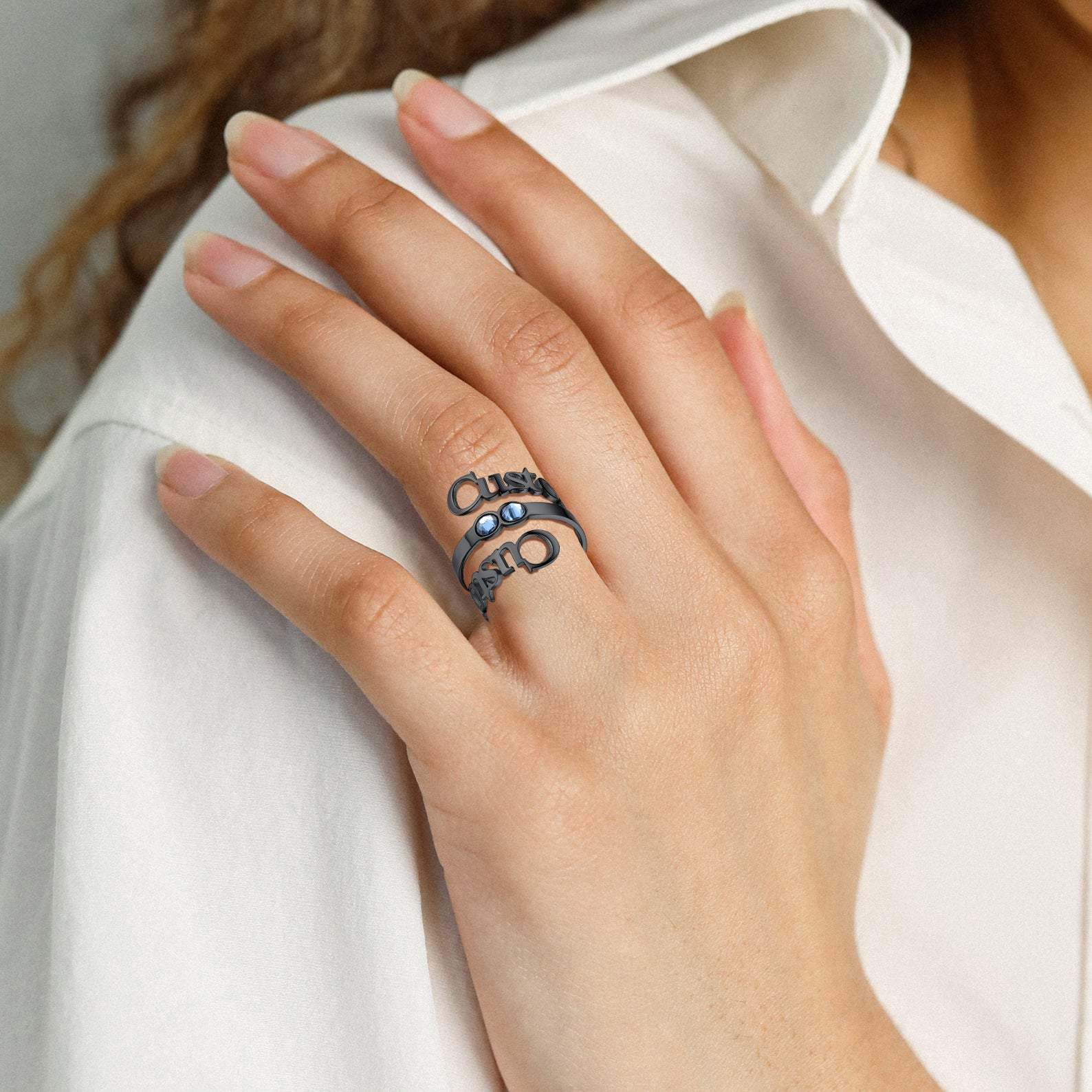 Bague Double Nom avec Pierre de Naissance Modèle Noir