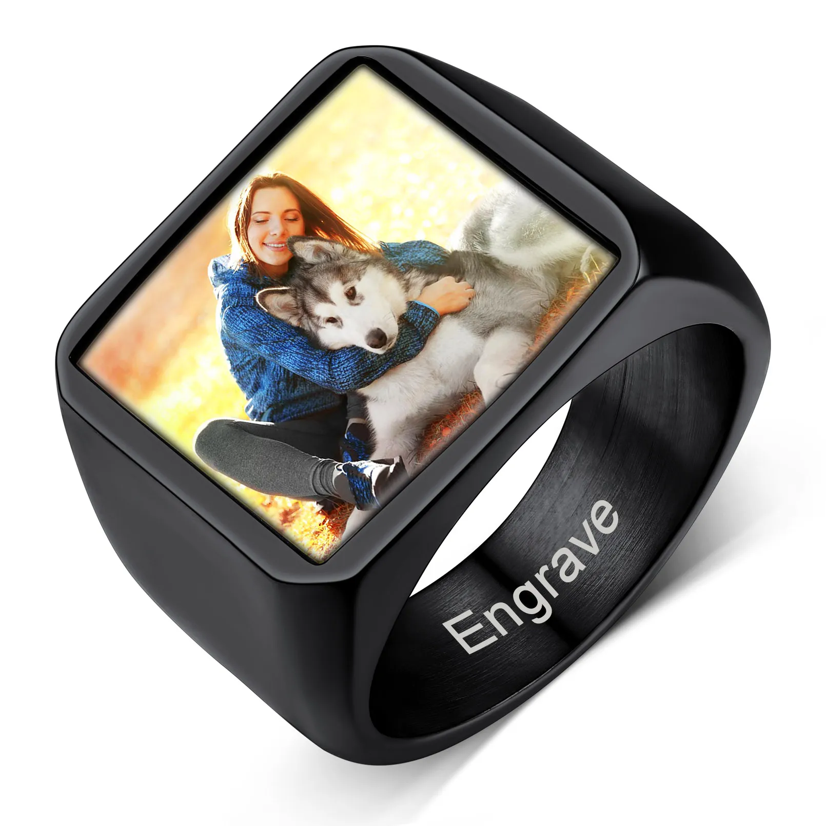 Bague Chevalière Personnalisée avec Photo et Texte Noir