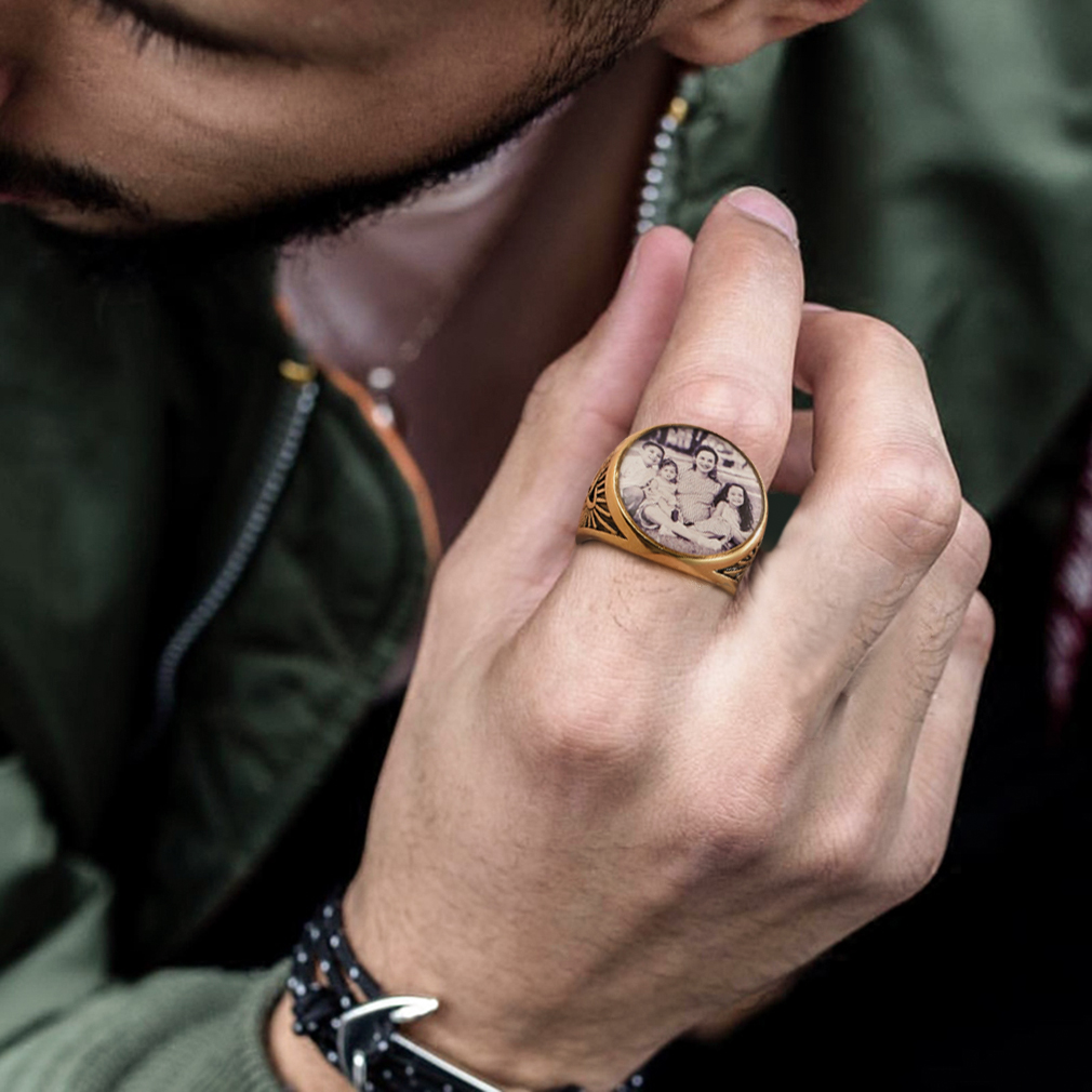 Bague Sceau Ronde Personnalisée avec Photo pour Hommes