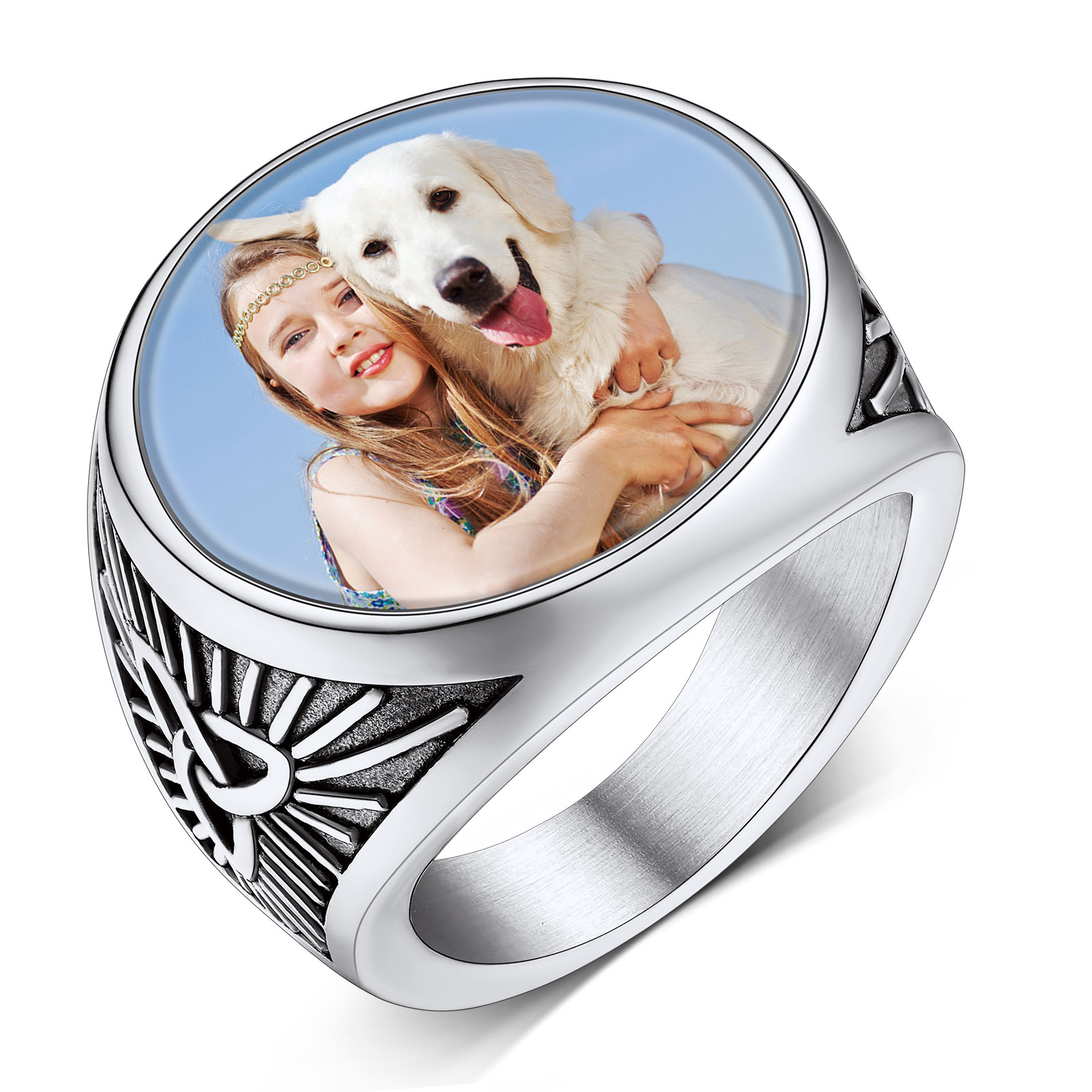 Bague Sceau Ronde Personnalisée en Nœud Celtique avec Photo pour Hommes Argenté