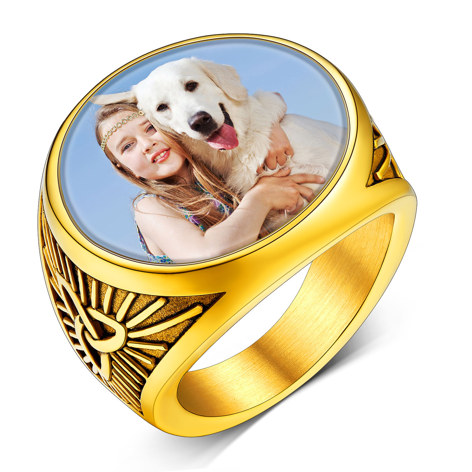 Bague Sceau Ronde Personnalisée en Nœud Celtique avec Photo pour Hommes Or