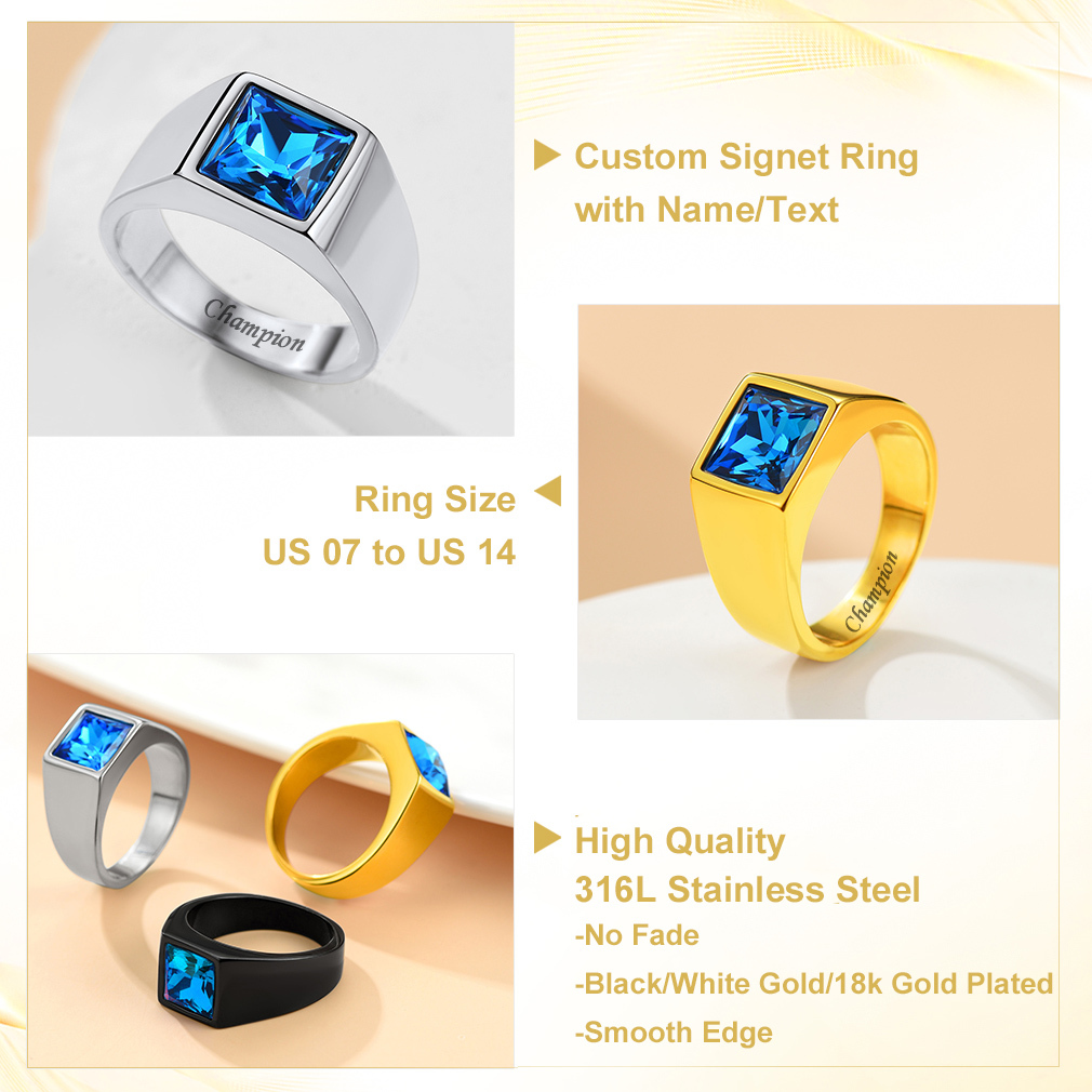 Bague Homme Personnalisée avec Pierre de Naissance Serti Carré Détail