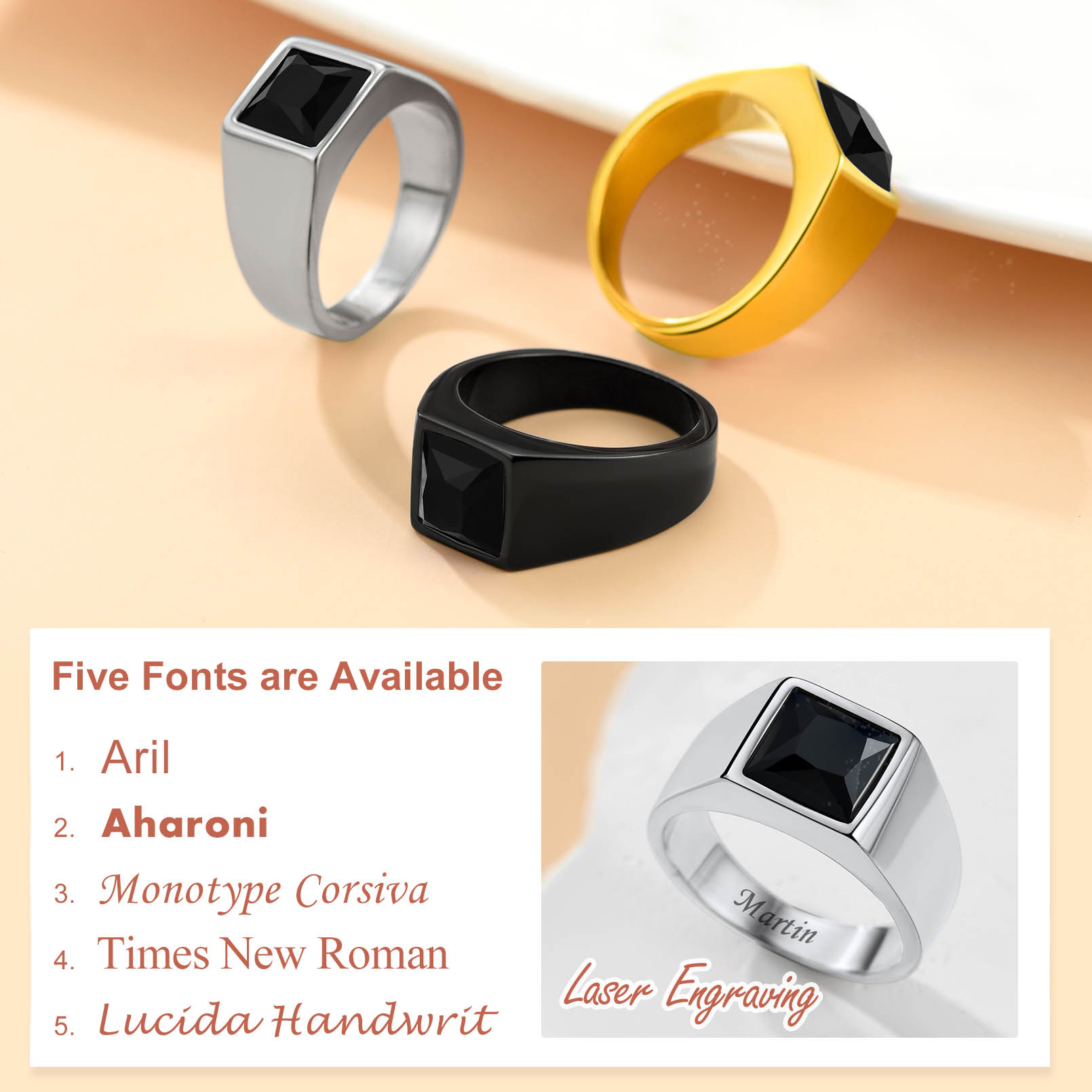 Bague Homme Personnalisée avec Pierre de Naissance Serti Carré Font