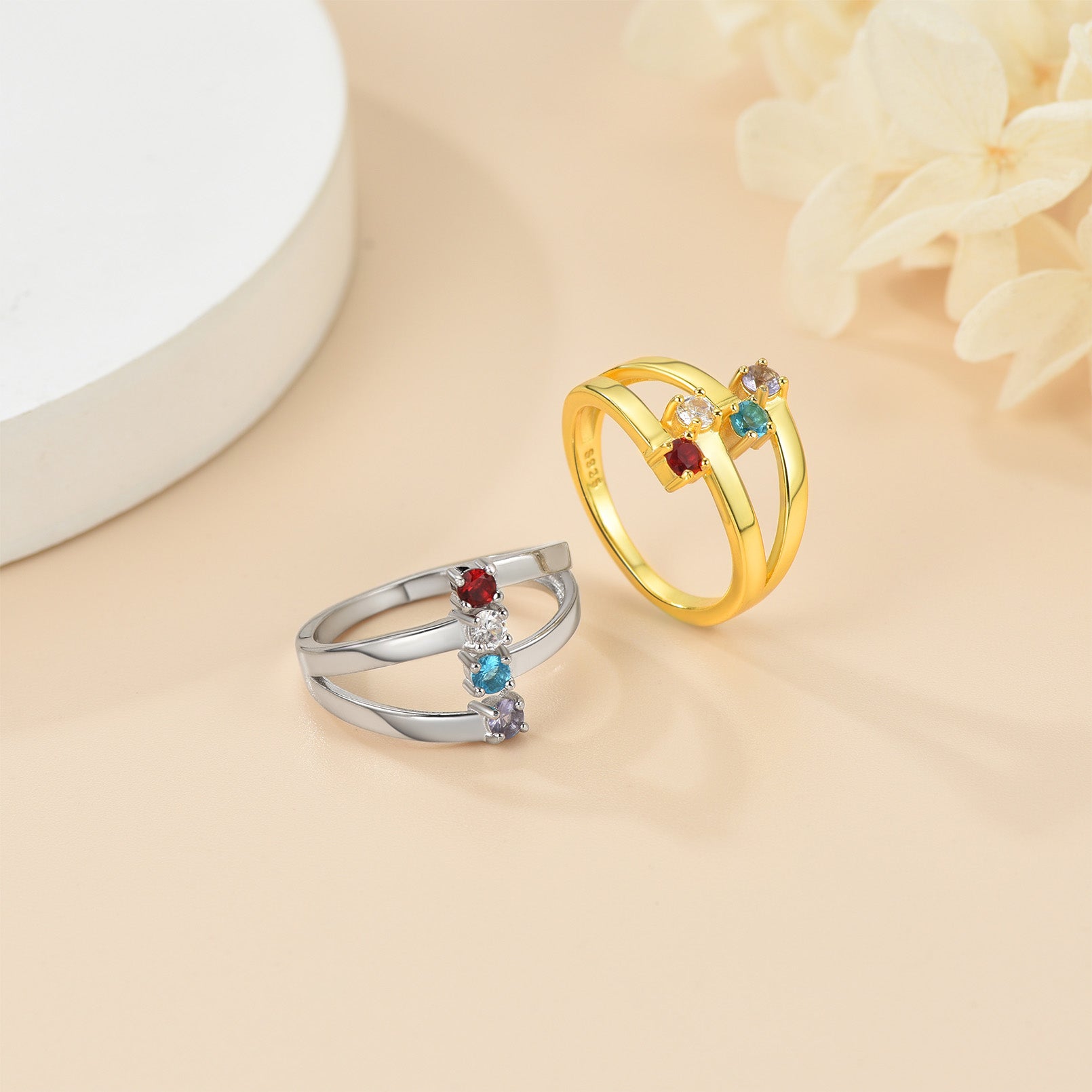 Bague ajustable en argent sterling avec pierre de naissance personnalisée