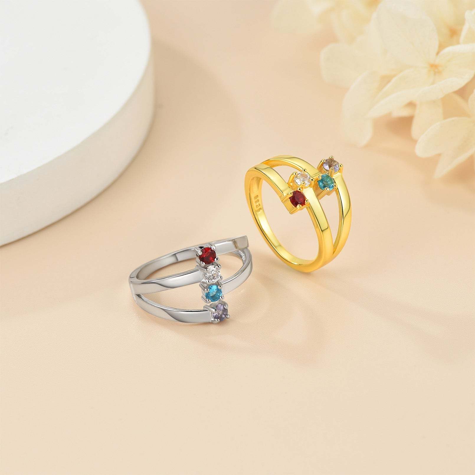 Bague ajustable en argent sterling avec pierre de naissance personnalisée